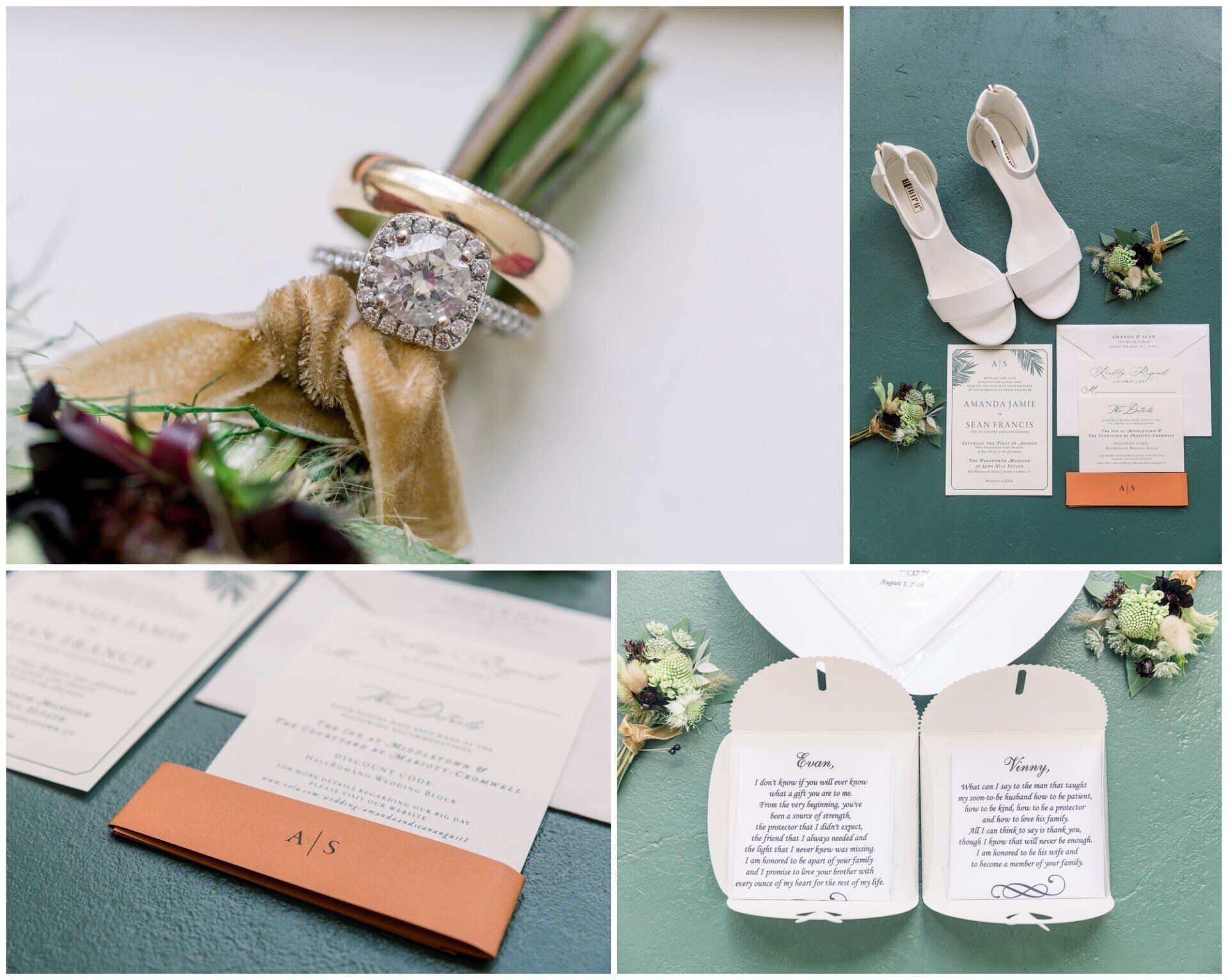 Wedding flat lay with rings, shoes, invitation, and vow booklets on a teal background