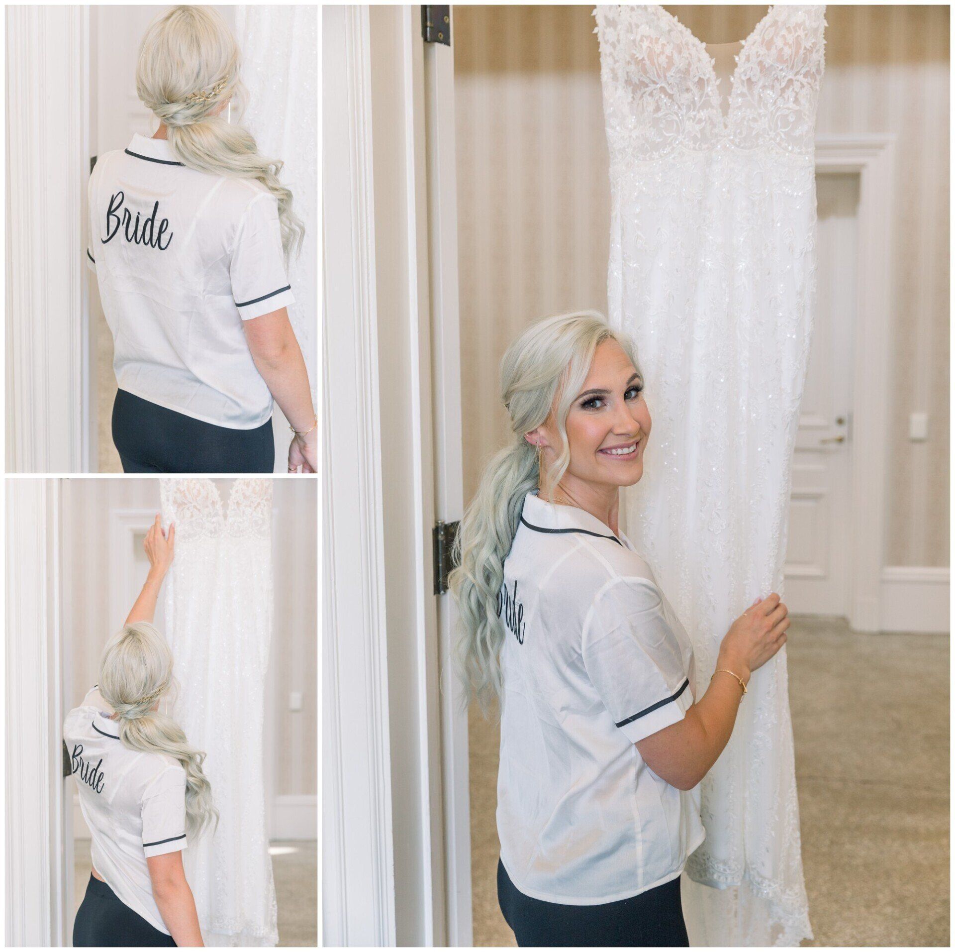 Bride in white shirt examining a lace wedding dress in a bright room