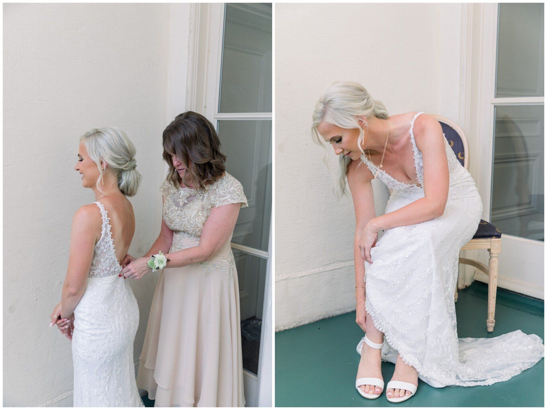 Bridesmaid helping bride with dress and veil in a bright indoor room