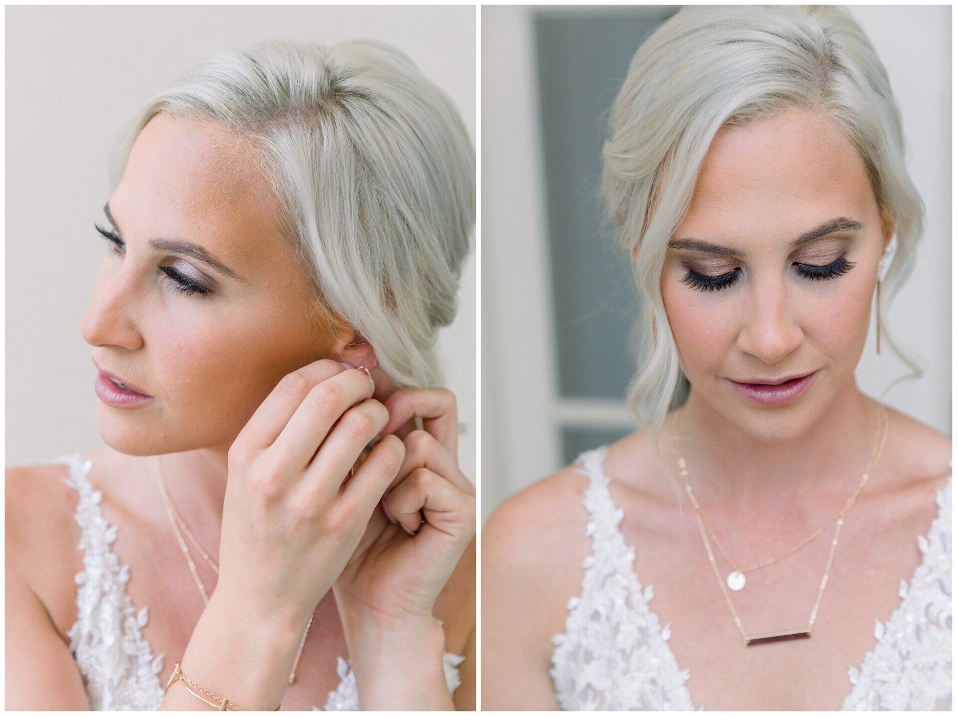 Woman with silver hair wearing pearl jewelry and a lace dress, shown in two close-up portraits.