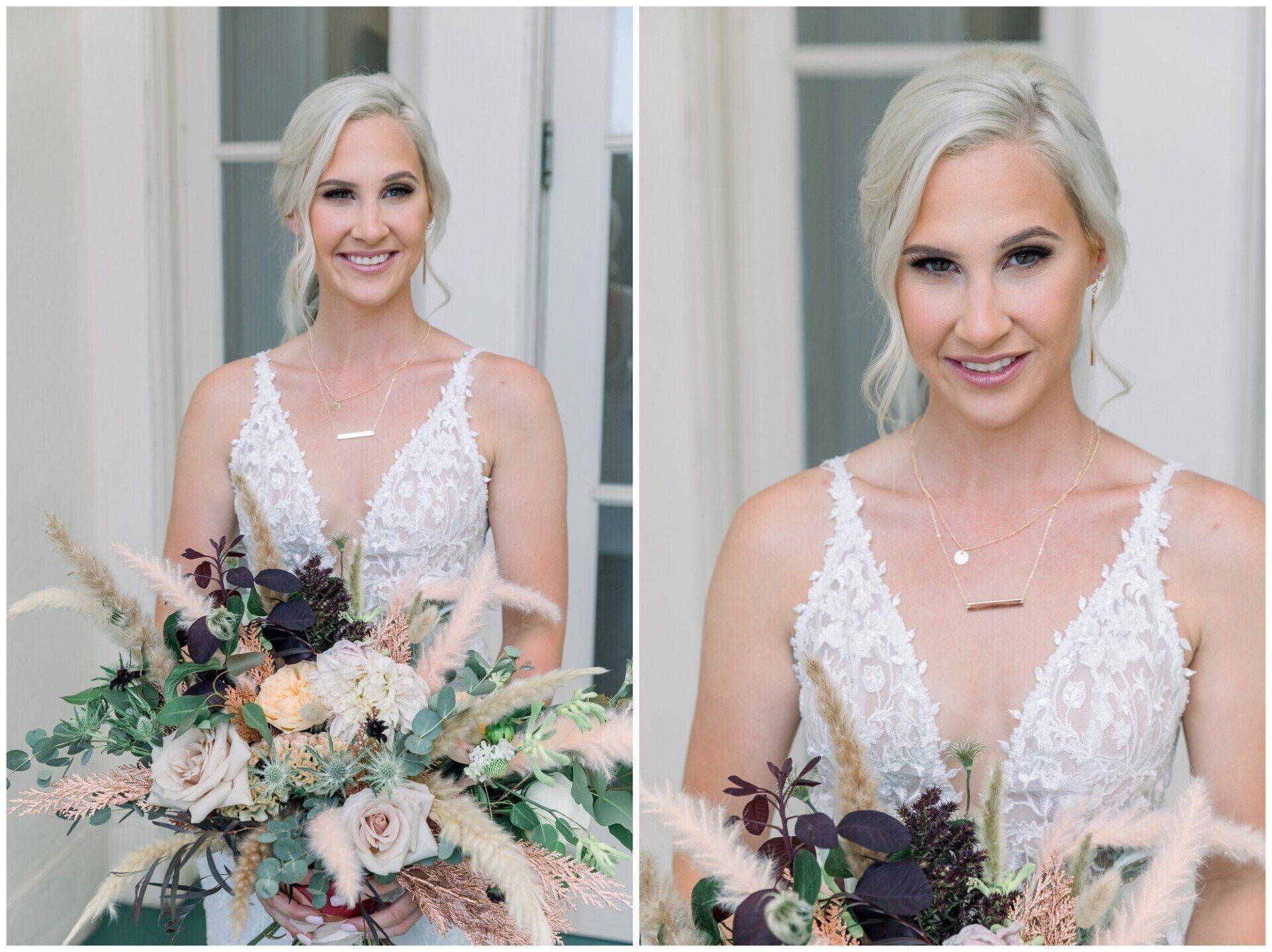 Bride in a white lace gown holding a pastel bouquet, smiling in front of a doorway.