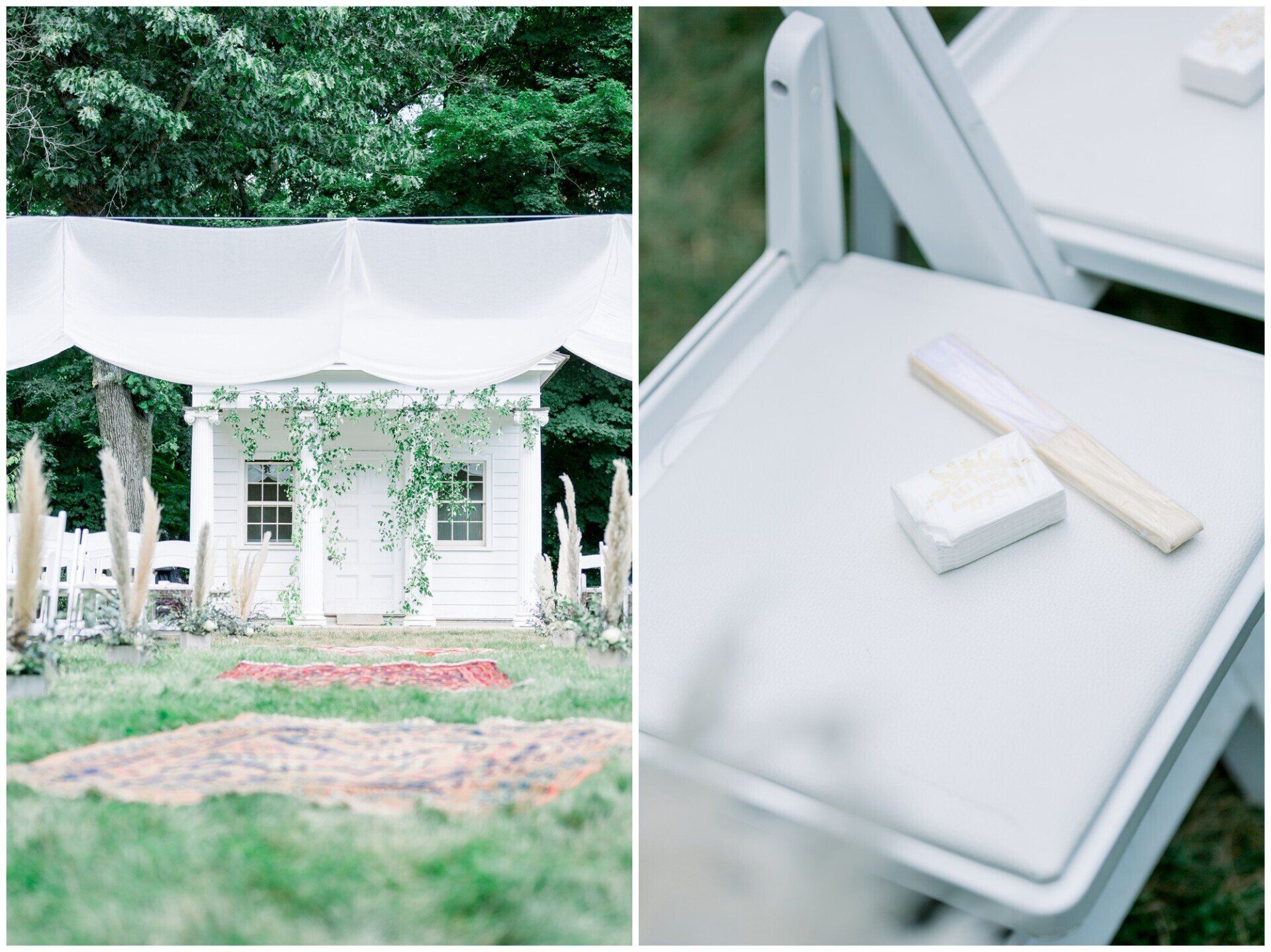 White wedding canopy outdoors with greenery; table setting with folded napkins and a serving spoon