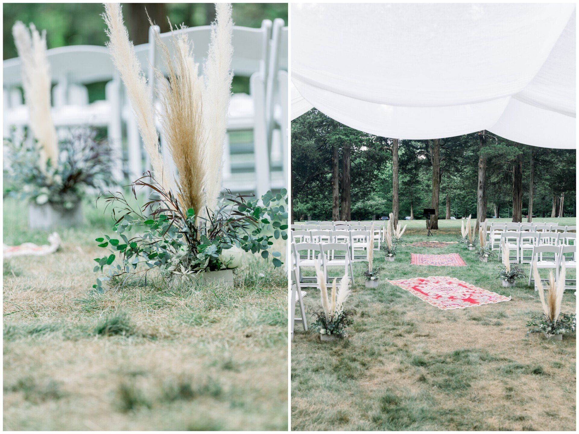 Outdoor wedding setup with white chairs, pink aisle rug, greenery, and pampas grass under a tent