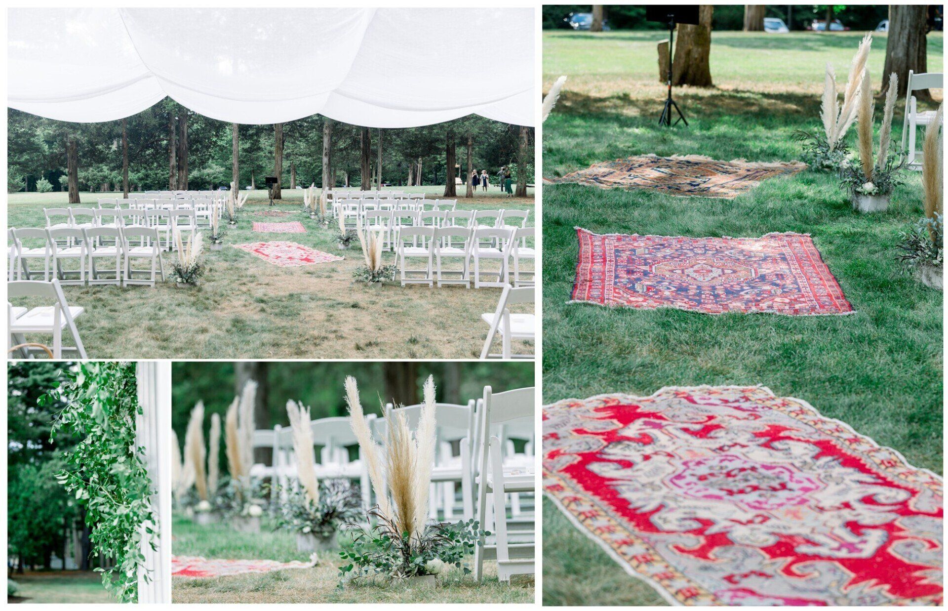 Outdoor wedding setup with white chairs and canopies on grass, plus patterned rugs and floral decor.