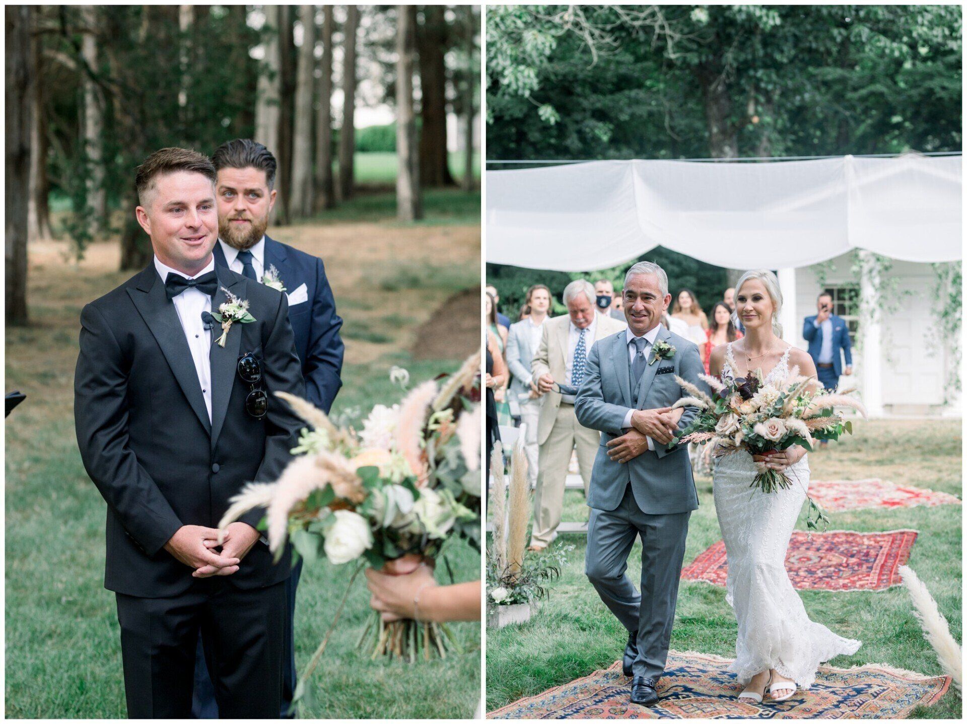 Groom stands at outdoor wedding altar; bride and father walk down aisle under white canopy.