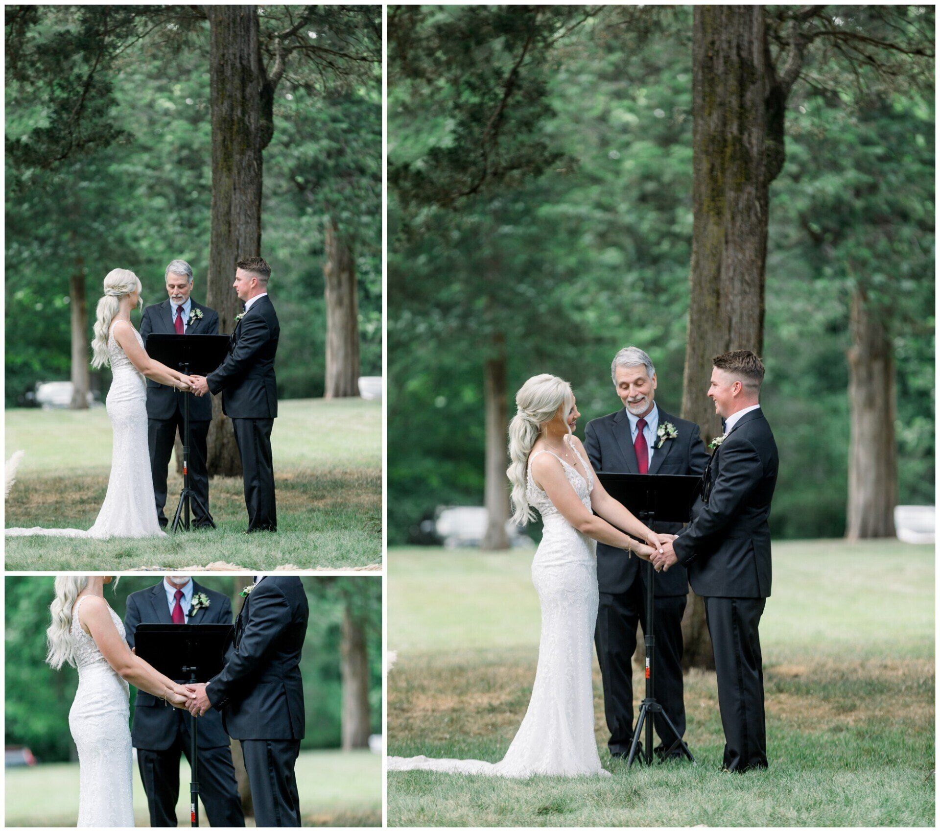Outdoor wedding ceremony with three people holding hands under trees, officiant between the couple.