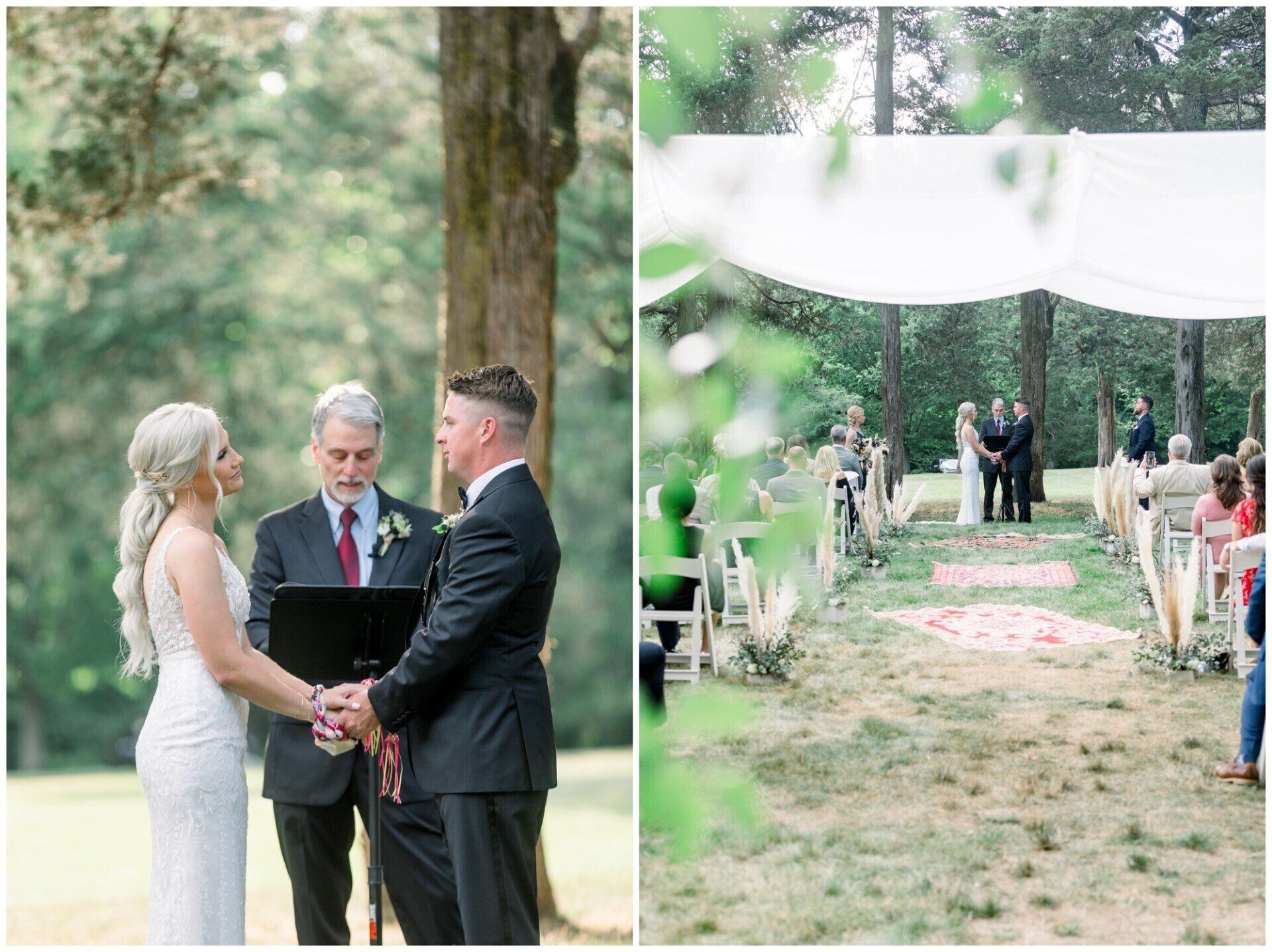 Outdoor wedding ceremony with couple holding hands before an officiant beneath a white canopy on a grassy lawn