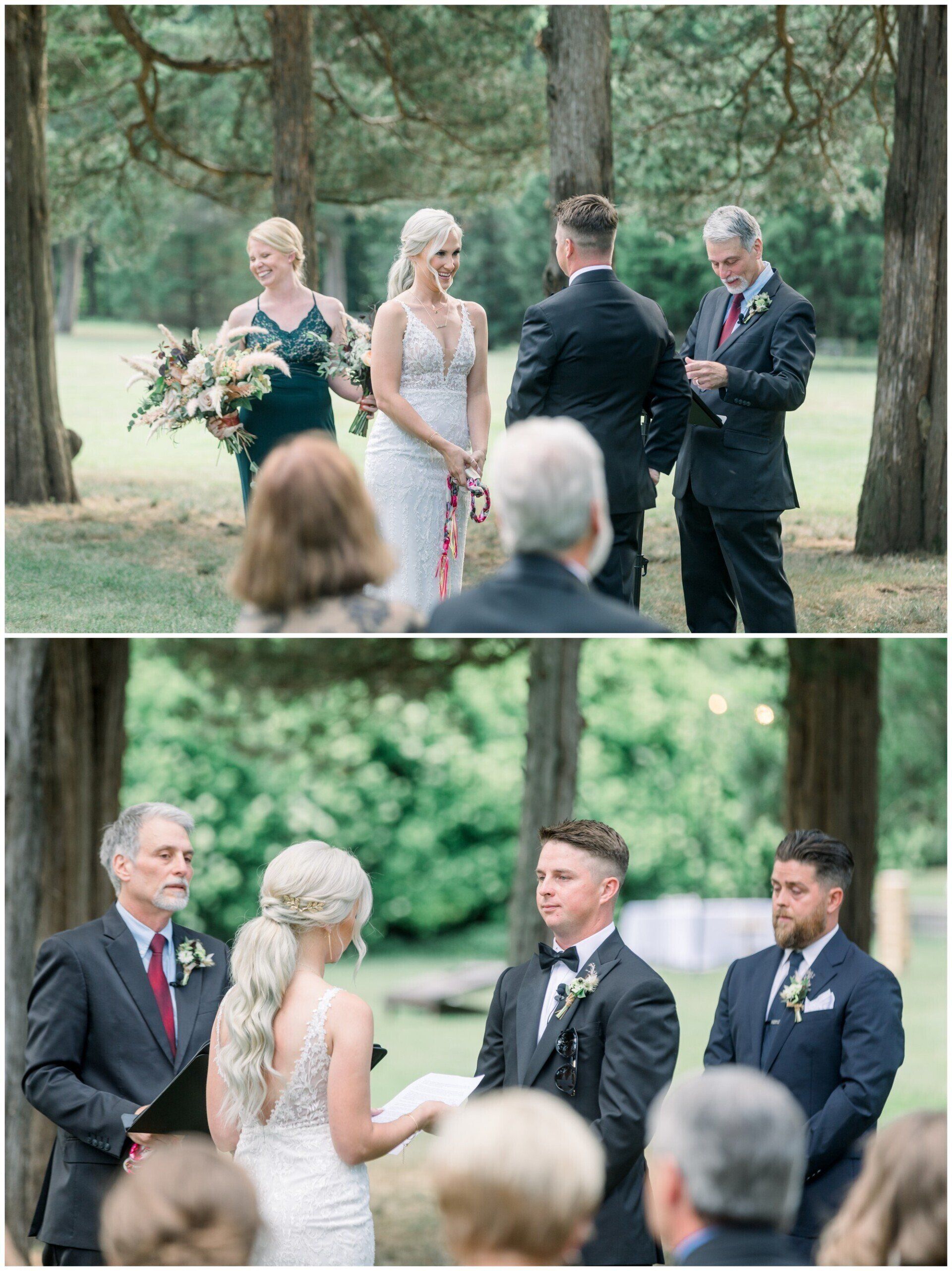 Outdoor wedding ceremony with bride and groom exchanging vows among guests in a wooded setting
