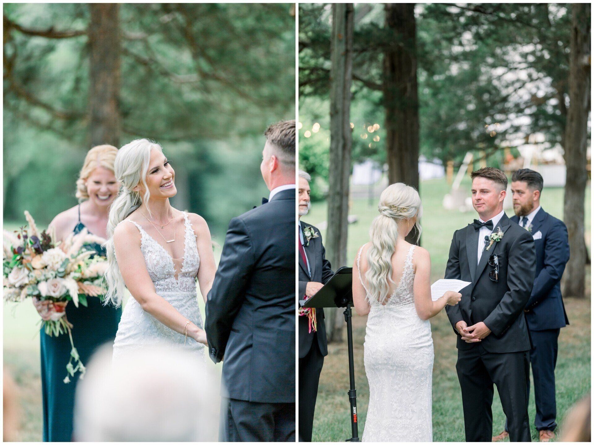 Wedding ceremony in a wooded outdoor setting, with bride and groom exchanging vows as an officiant stands nearby.