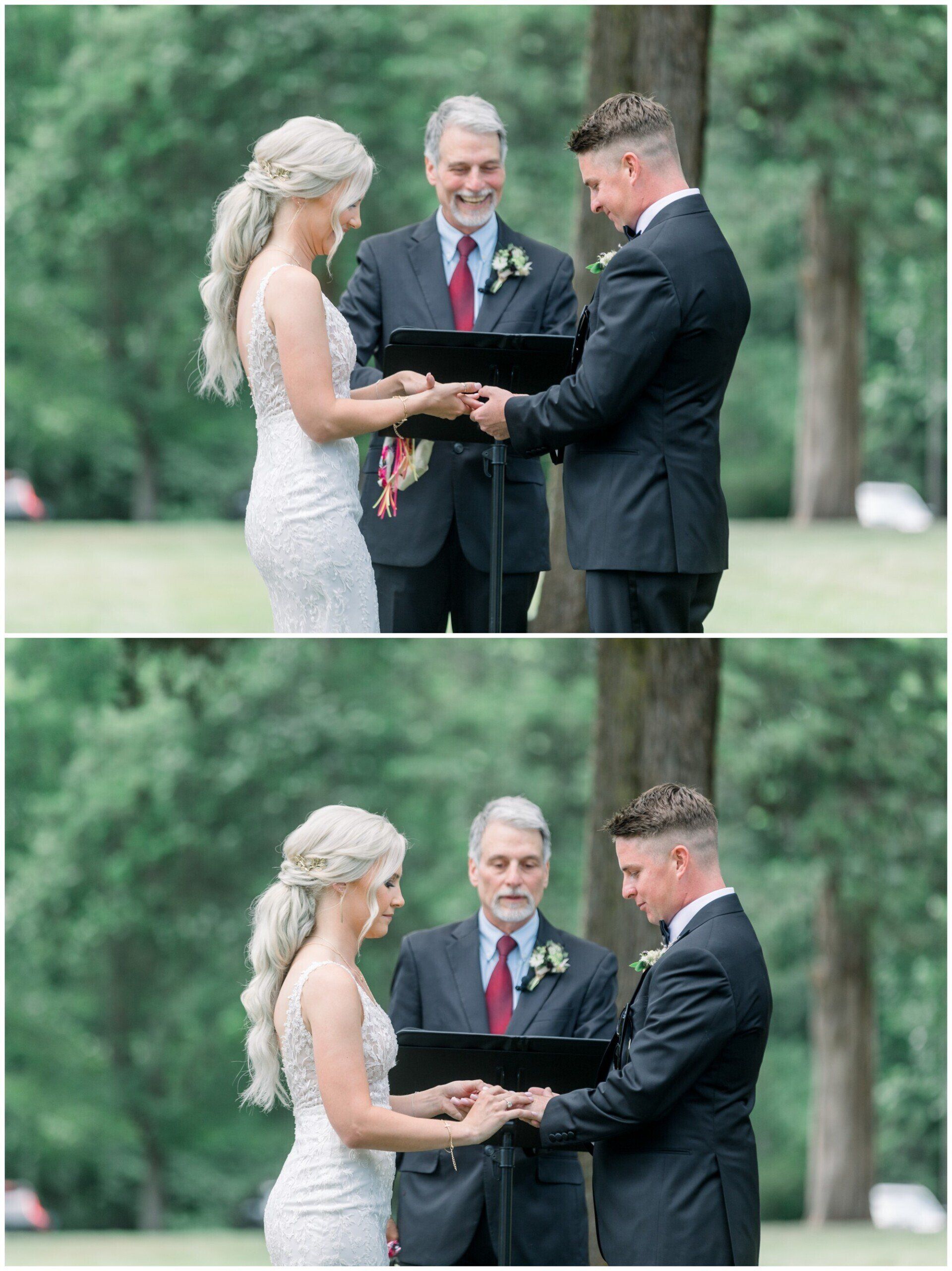 Couple exchanging wedding vows outdoors as an officiant reads from a book
