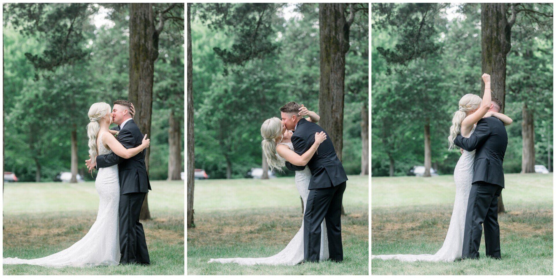 Three-panel wedding scene: bride and groom kiss in a park, then lift into an embrace under trees.