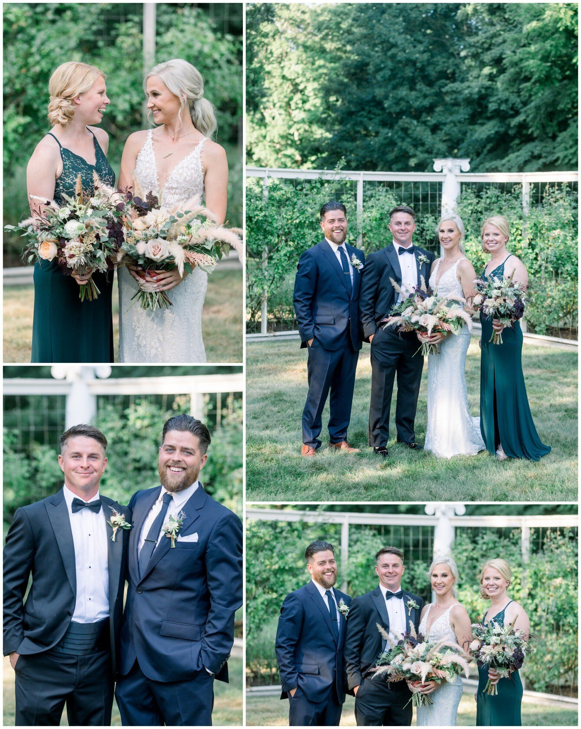 Wedding party posing outdoors among greenery, with bride in white and bridesmaids in dark and sage dresses.