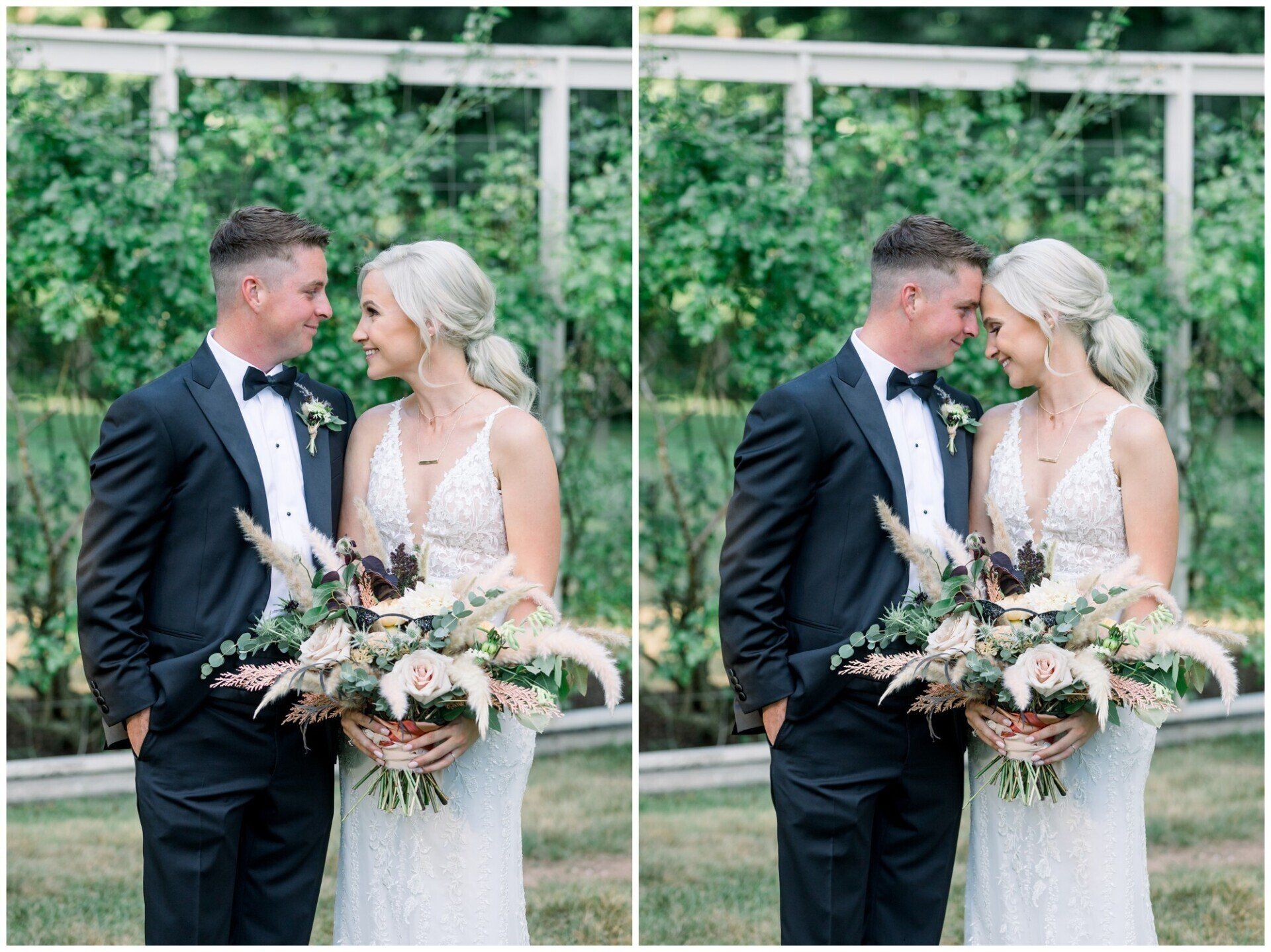Couple in wedding attire sharing a kiss while holding a floral bouquet outdoors, shown side by side.