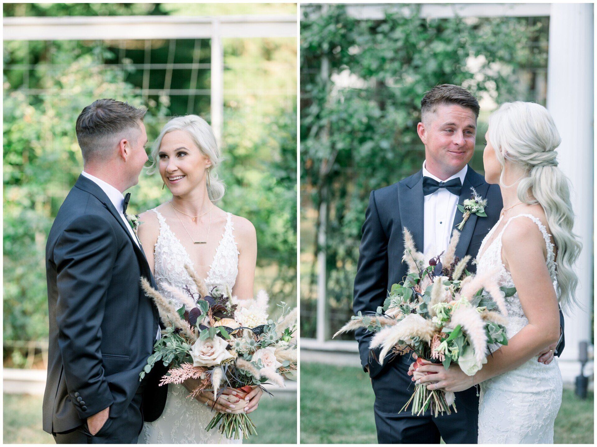Two wedding photos of a couple in formal attire holding bouquets outdoors in a garden.