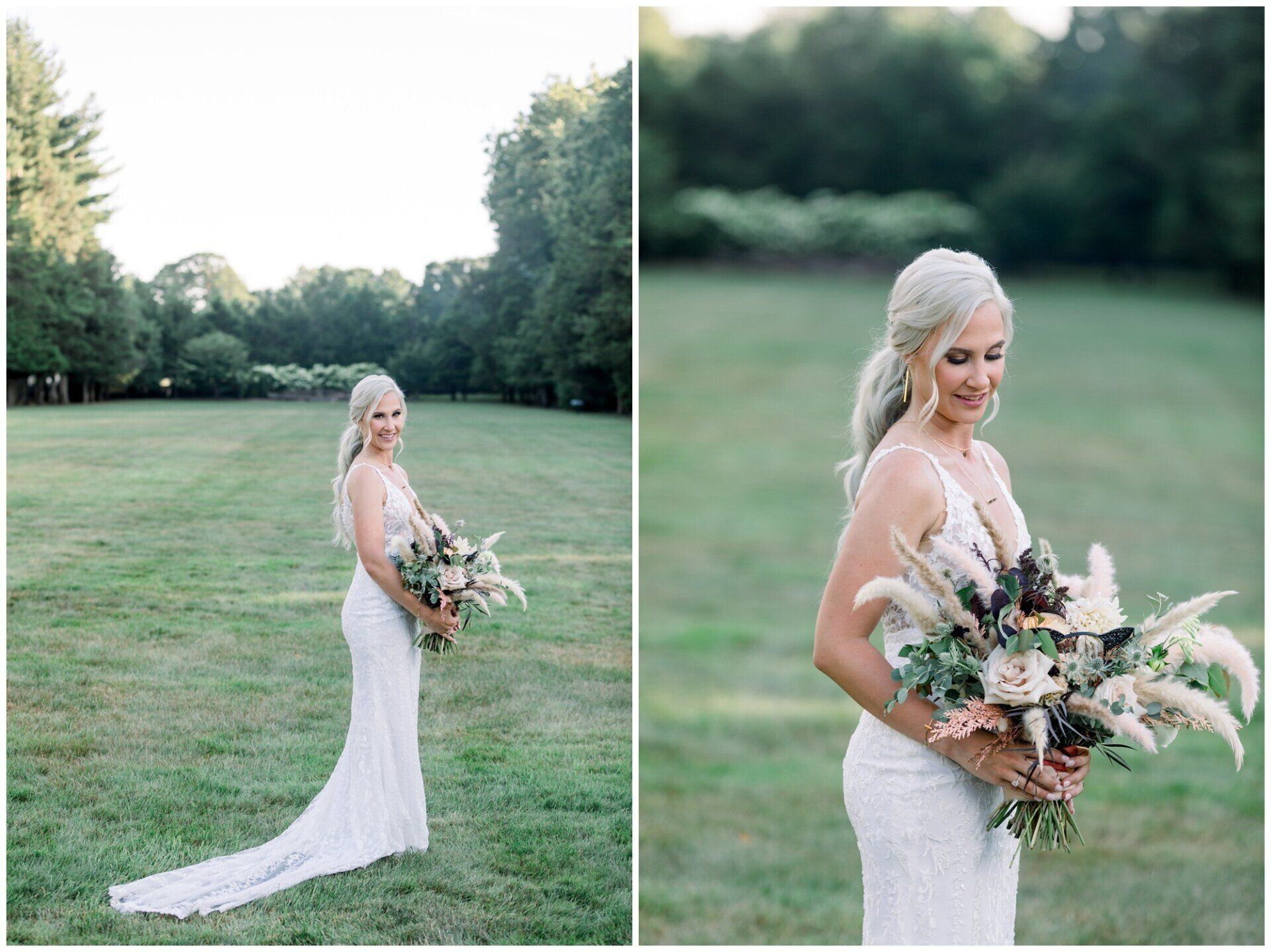 Bride in white lace gown holding a bouquet, posed in a grassy field with trees in the background.