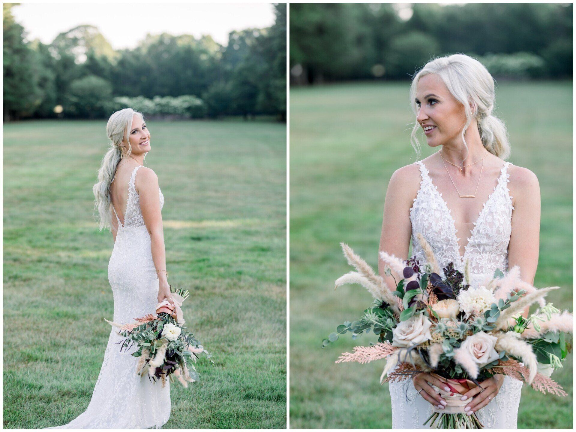 Bride in a white lace gown holding a pastel bouquet in a grassy outdoor field, with a close-up and full-length view