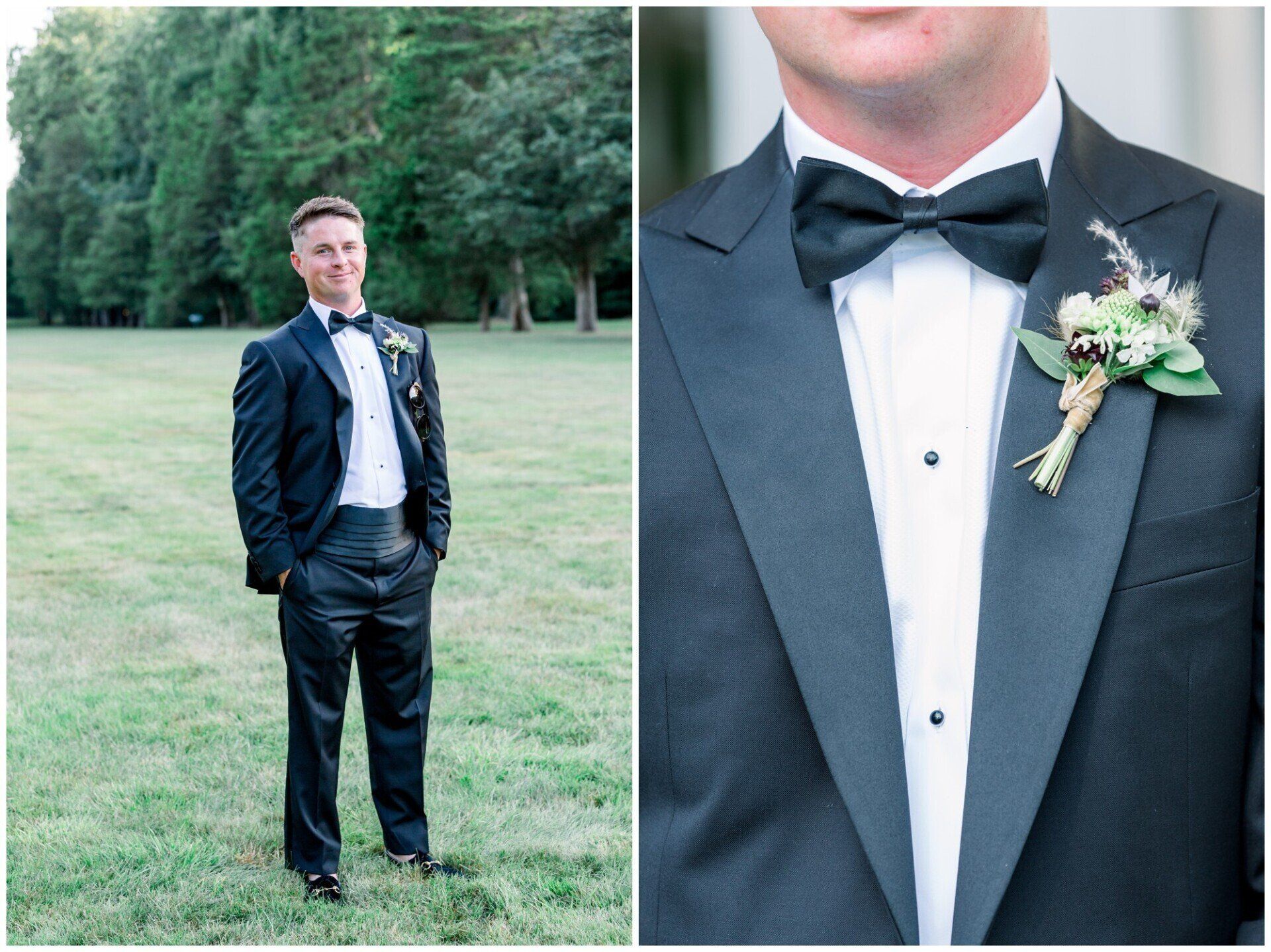 Man in a dark suit standing on grass outdoors; close-up of tuxedo lapel with bow tie and boutonniere.
