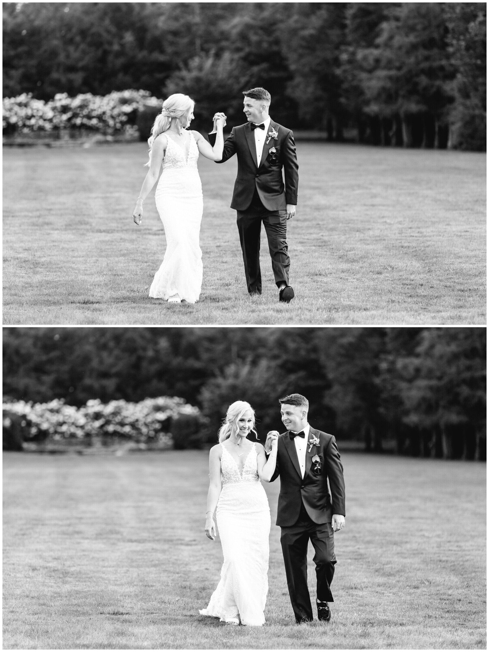 Couple walking hand in hand across a grassy field in black-and-white, shown in two stacked shots