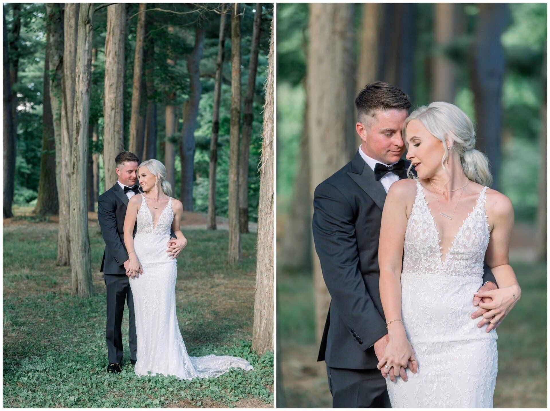 Wedding couple in white and black attire posing among tall trees in a forest setting