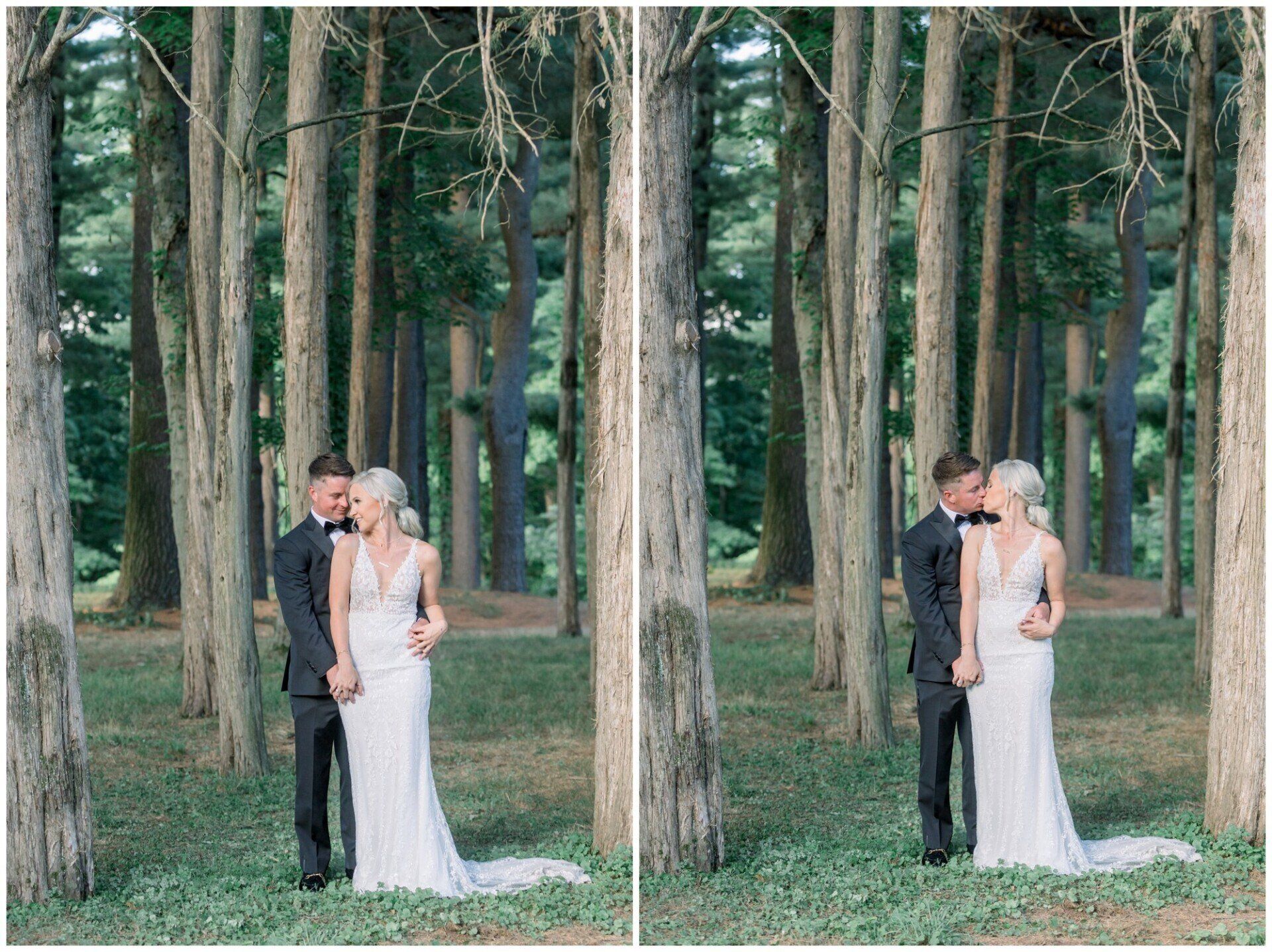 Couple in formal attire kissing in a forest among tall trees, shown in a side-by-side duplicate.