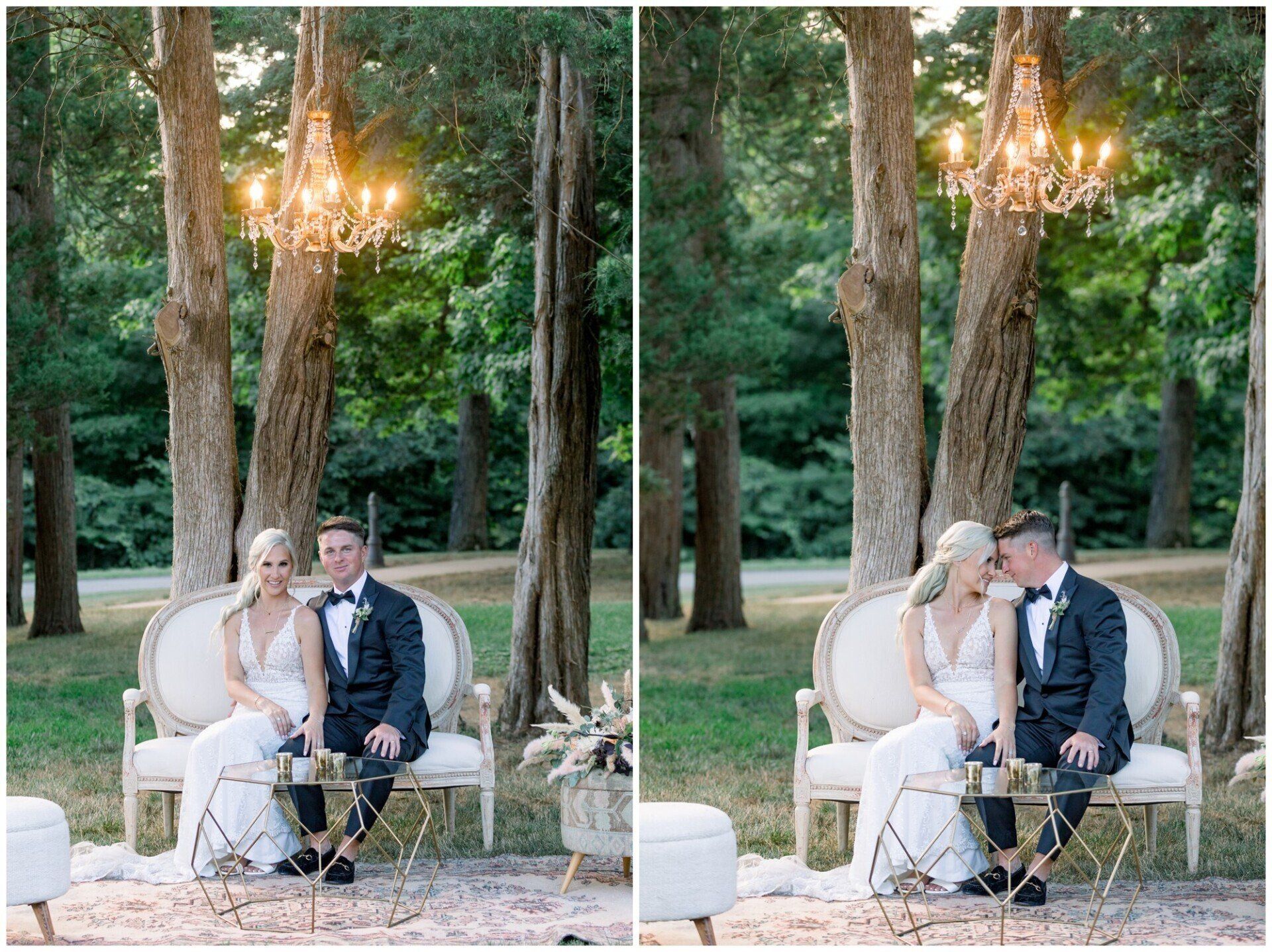 Split wedding portrait of a seated couple under a chandelier in a wooded outdoor setting