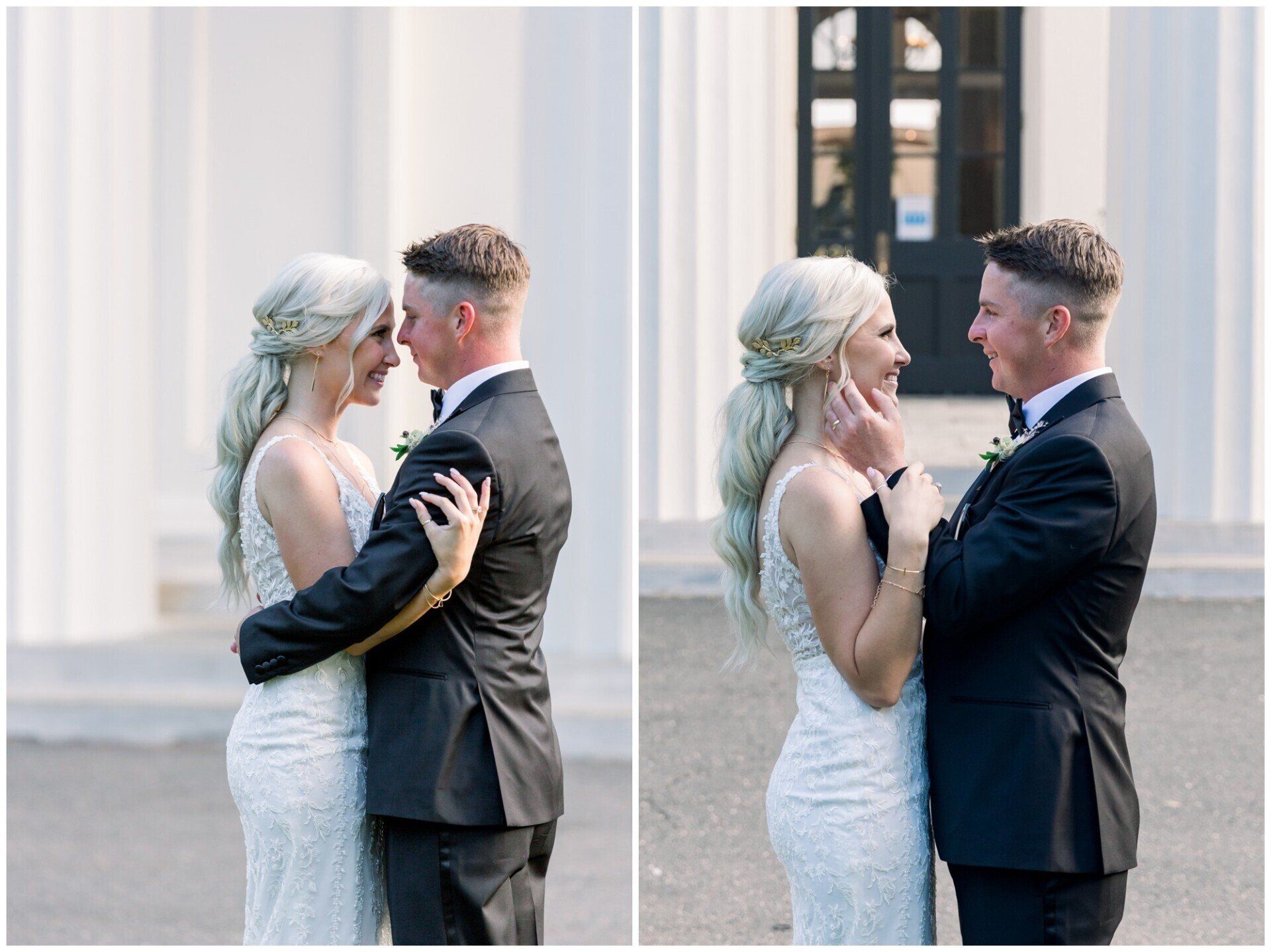 Two wedding couples embracing outdoors in front of a building, one in a white dress and black suit.