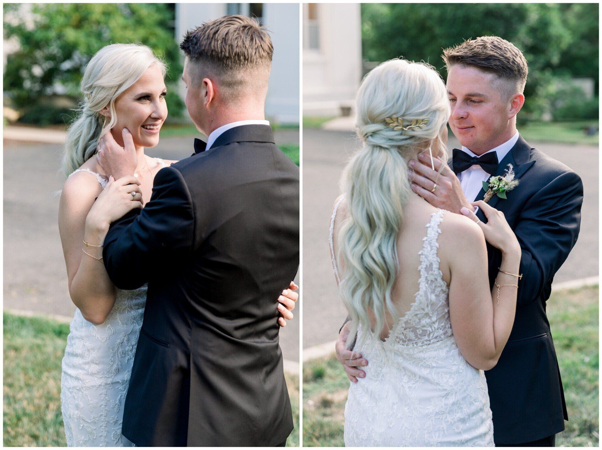 Couple in wedding attire sharing a tender gaze outdoors, seen in two side-by-side moments.