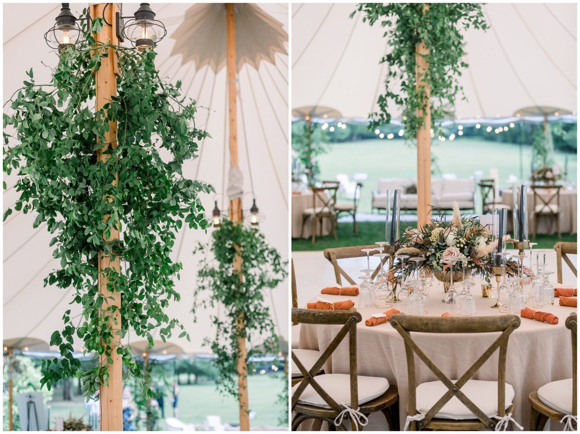 Elegant outdoor reception table under a leafy floral canopy with string lights and wooden chairs