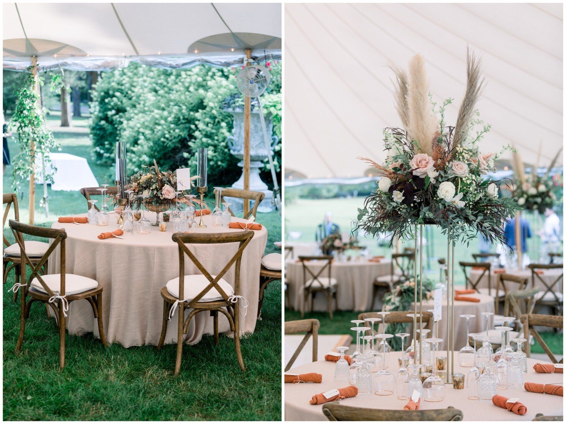 Elegant outdoor wedding table settings with white linens, flowers, and greenery under a canopy by a pool
