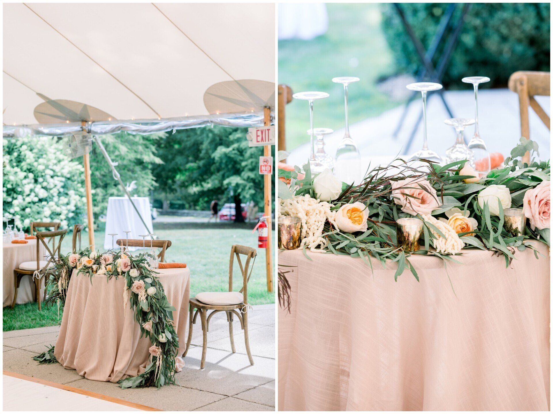 Floral wedding reception table under a canopy, with peach drapery and gold chairs
