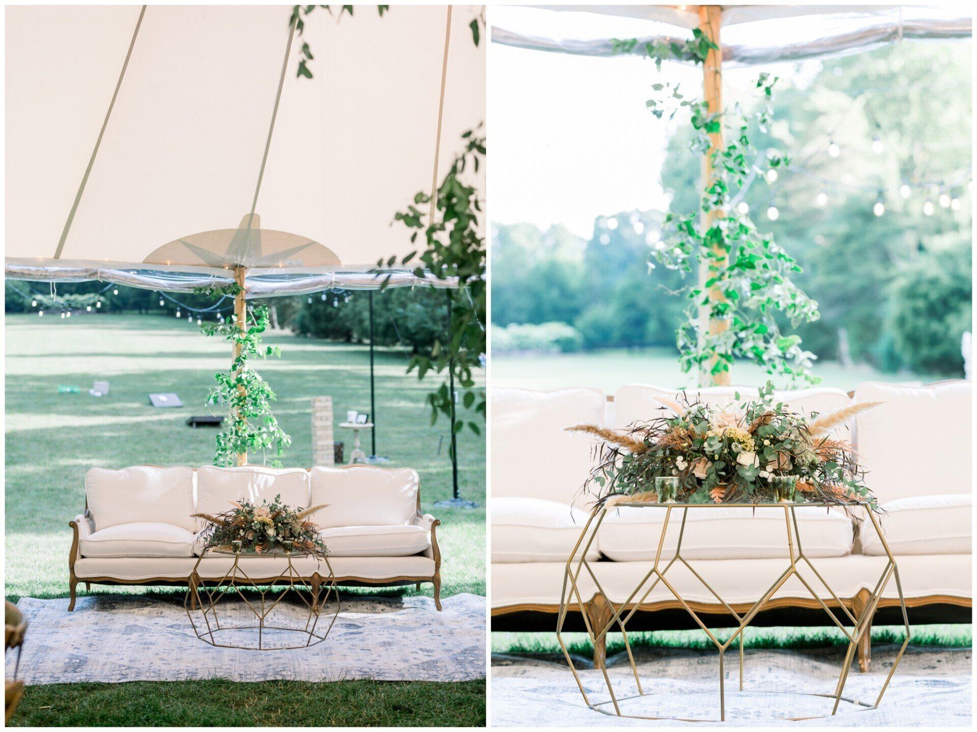 Outdoor wedding reception with white loveseat and floral hanging decor in a tent by the water