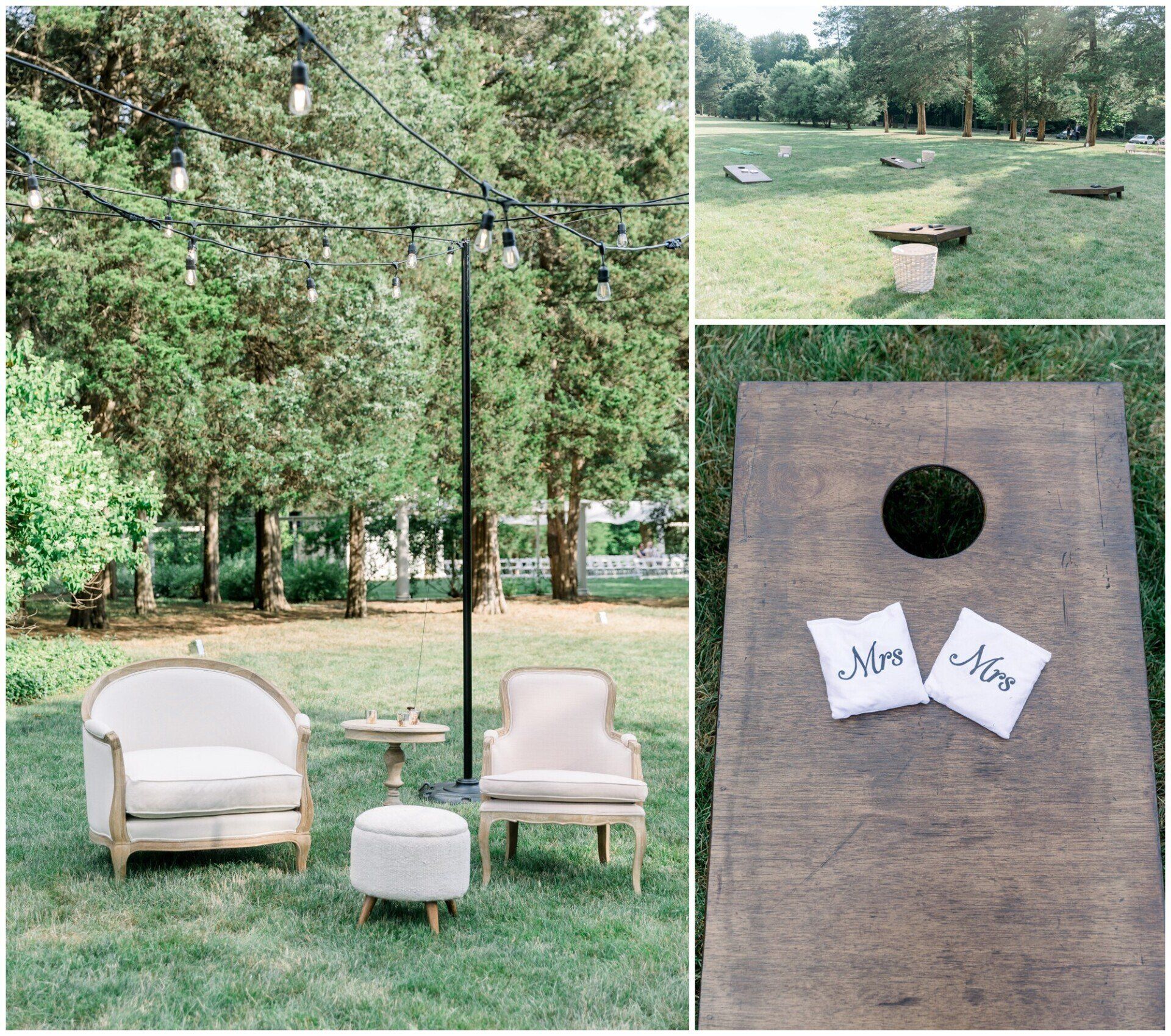Outdoors lawn game setup with white chairs, table, and cornhole board in a park-like setting