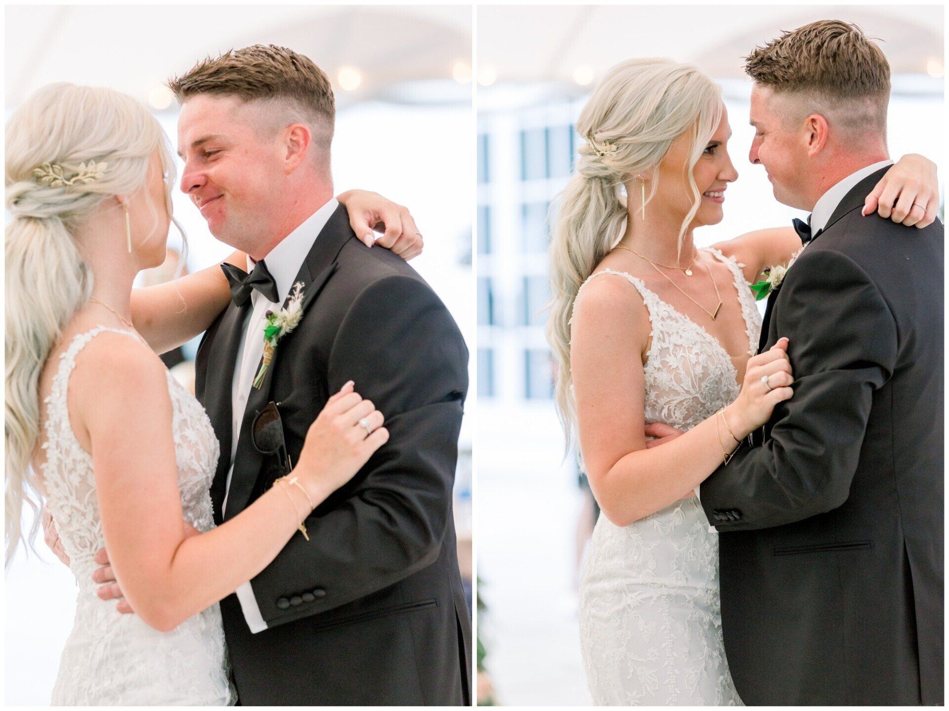 Bride and groom dancing and smiling during a wedding ceremony