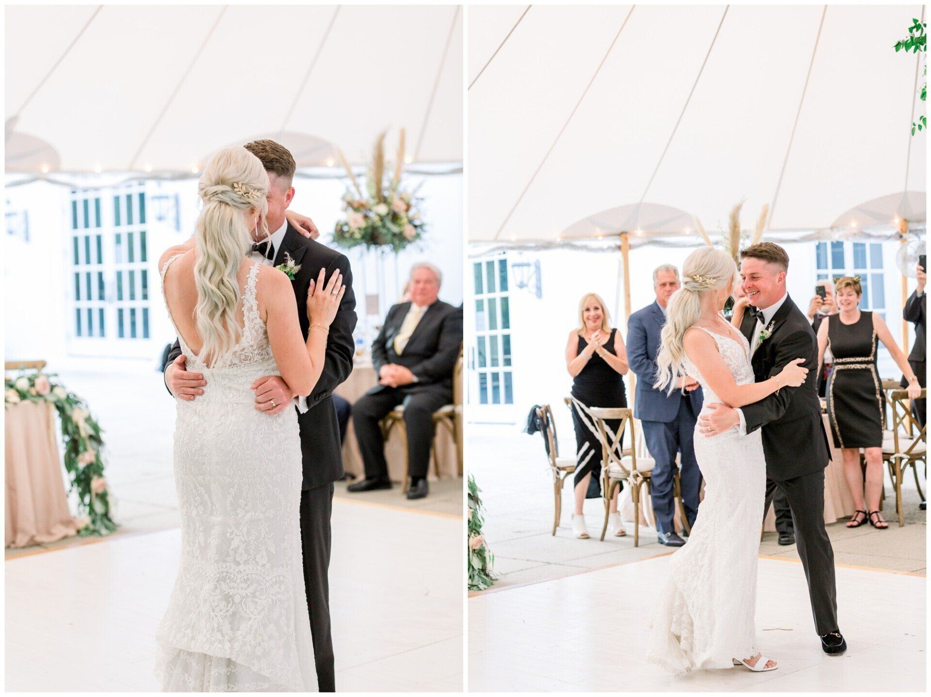 Wedding couple dancing in a white tent, with guests watching in the background.