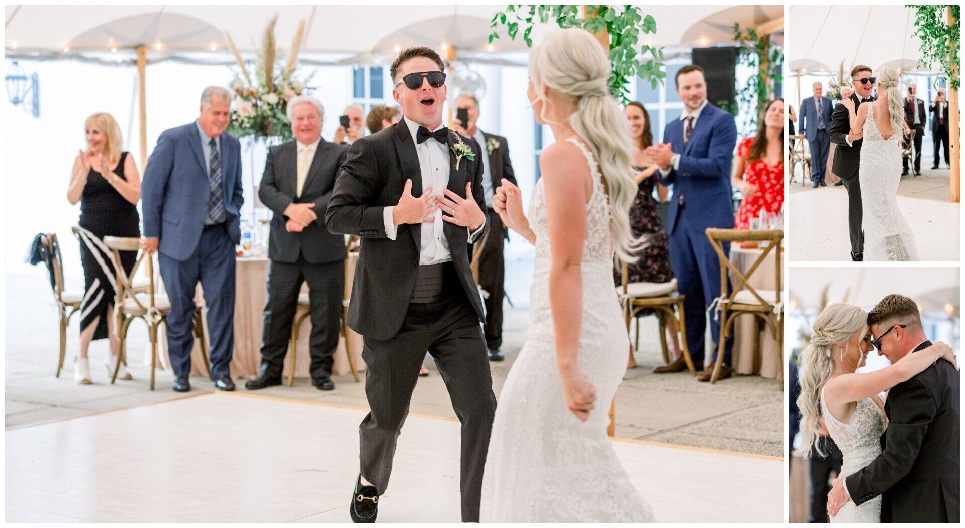 Bride and groom smiling during outdoor wedding recessional, guests applauding behind them.