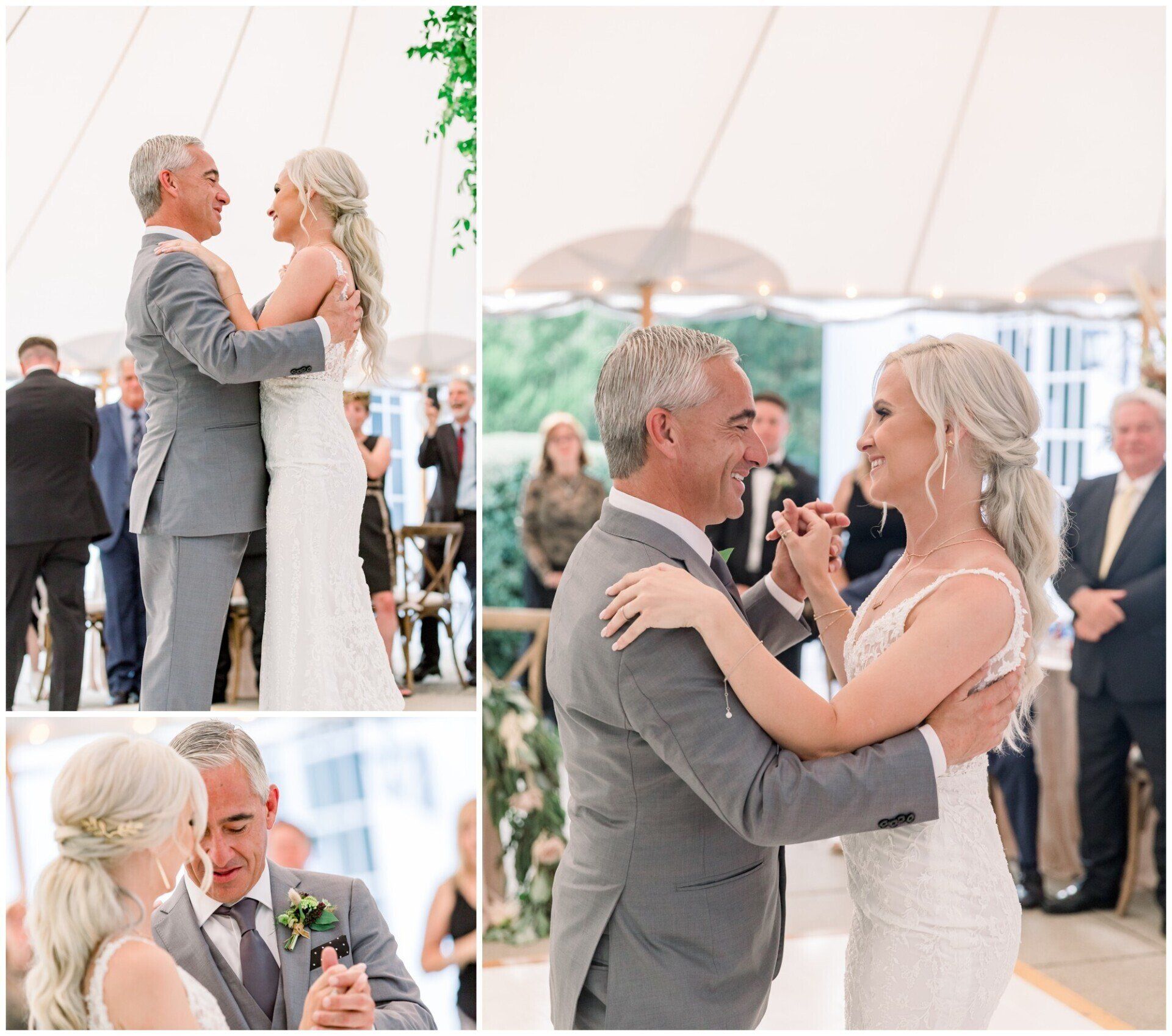 Wedding collage of a couple dancing and embracing under a white tent, smiling during the ceremony