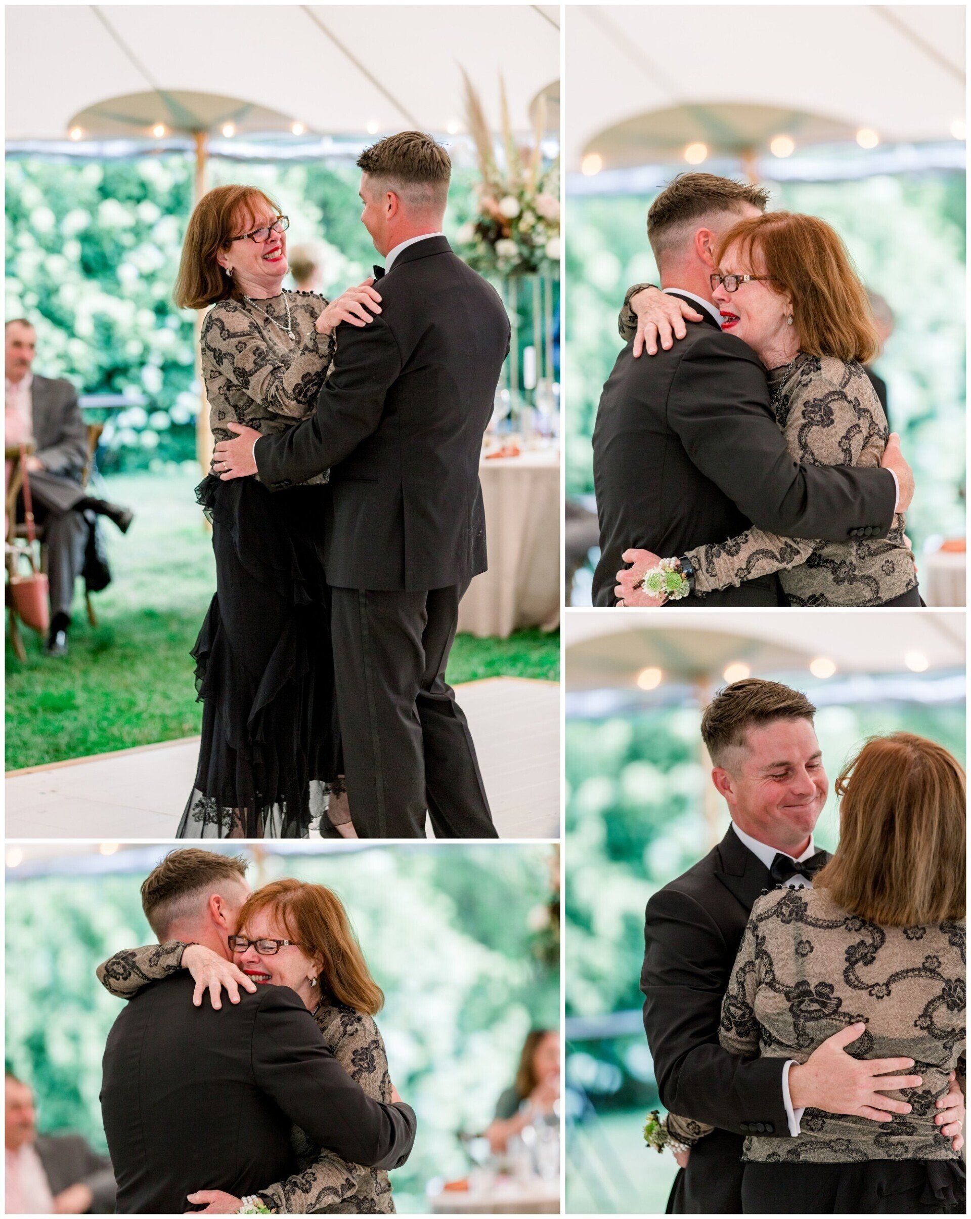 Four photos of a couple in formal wear hugging and smiling at an outdoor wedding reception.