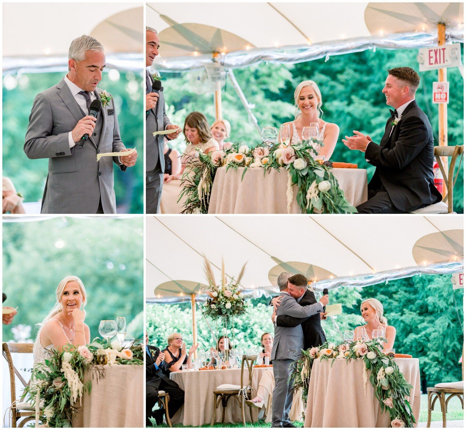 Wedding reception collage with a couple embracing, speaking at a podium, and smiling under a tent decorated with flowers.