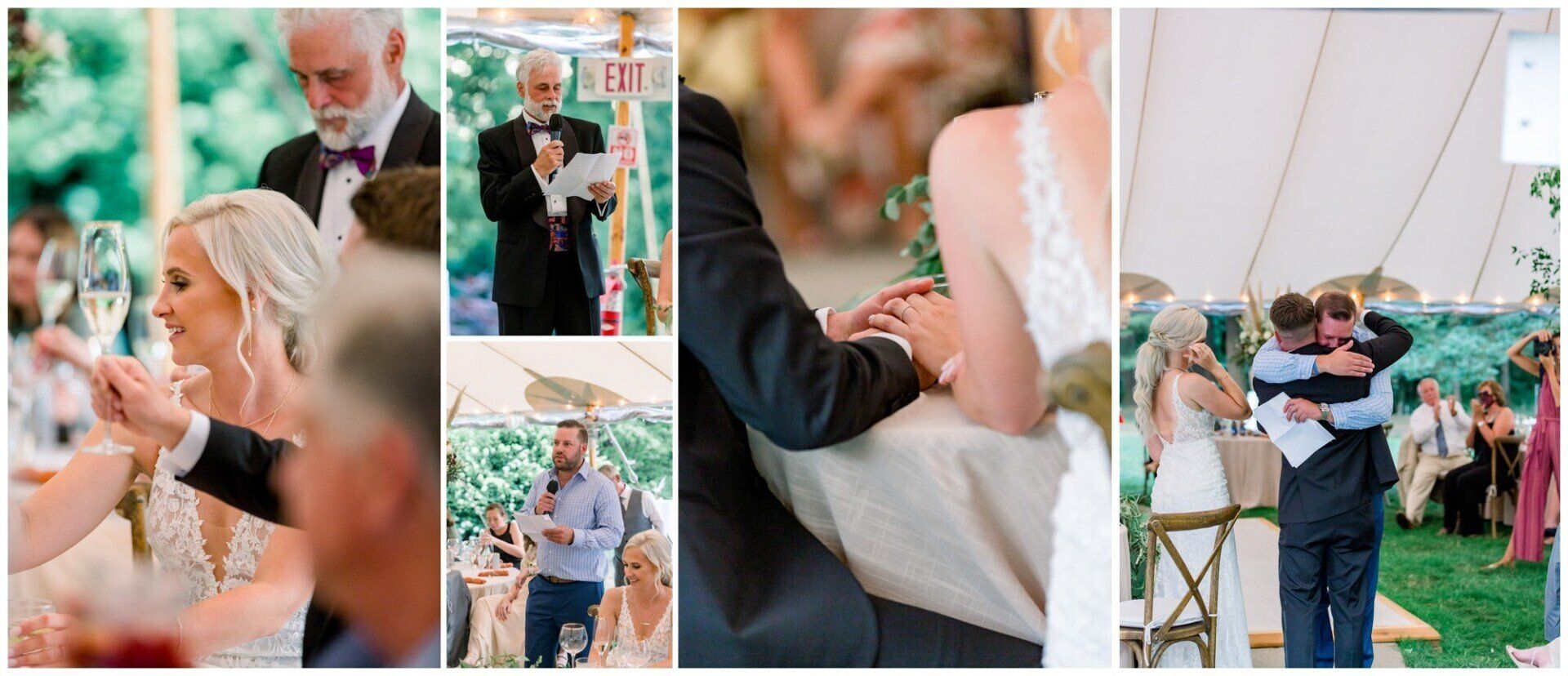Wedding ceremony collage with guests, bride, groom, and officiant under a white tent