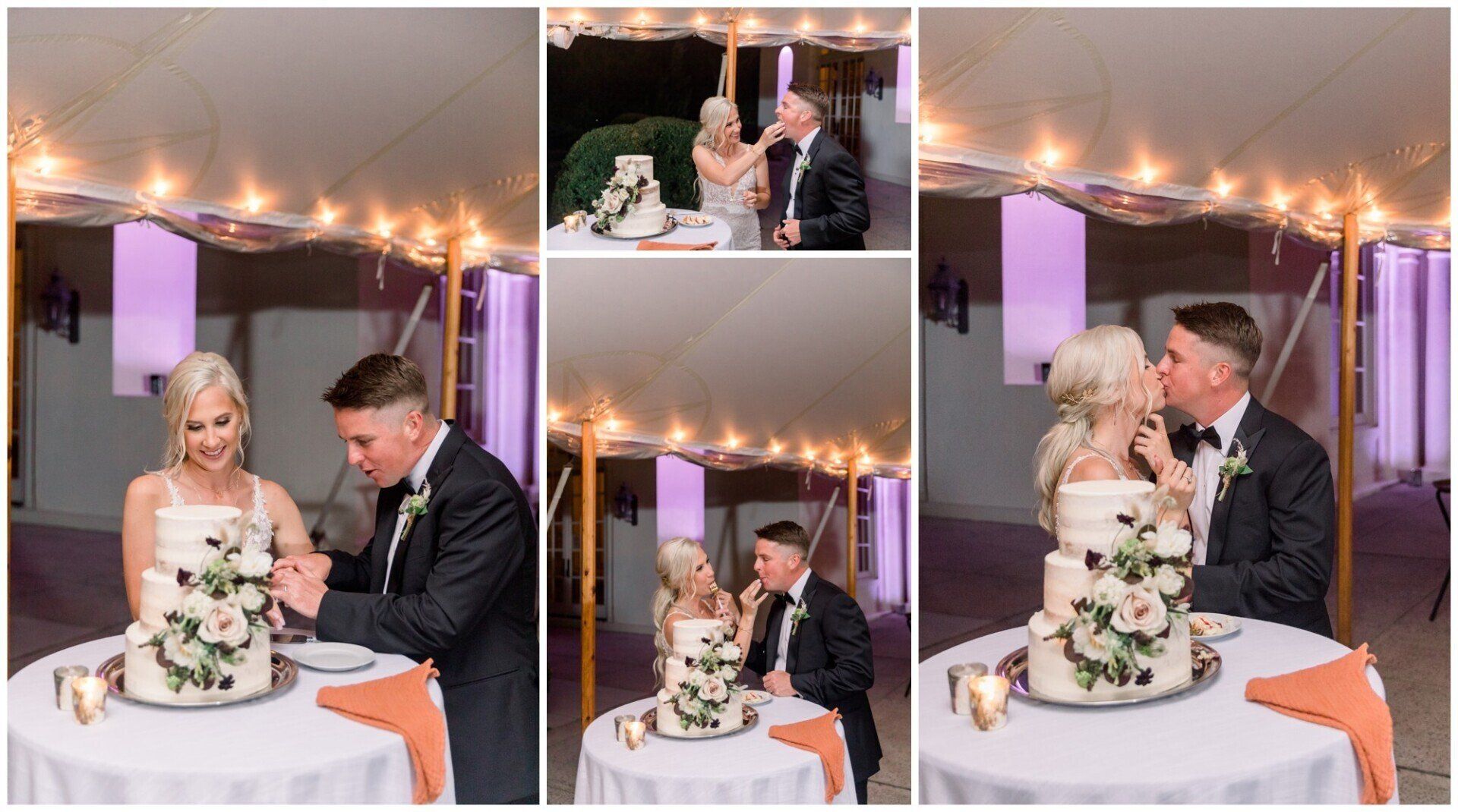 Wedding collage of a couple cutting and sharing cake under white drapes and warm string lights