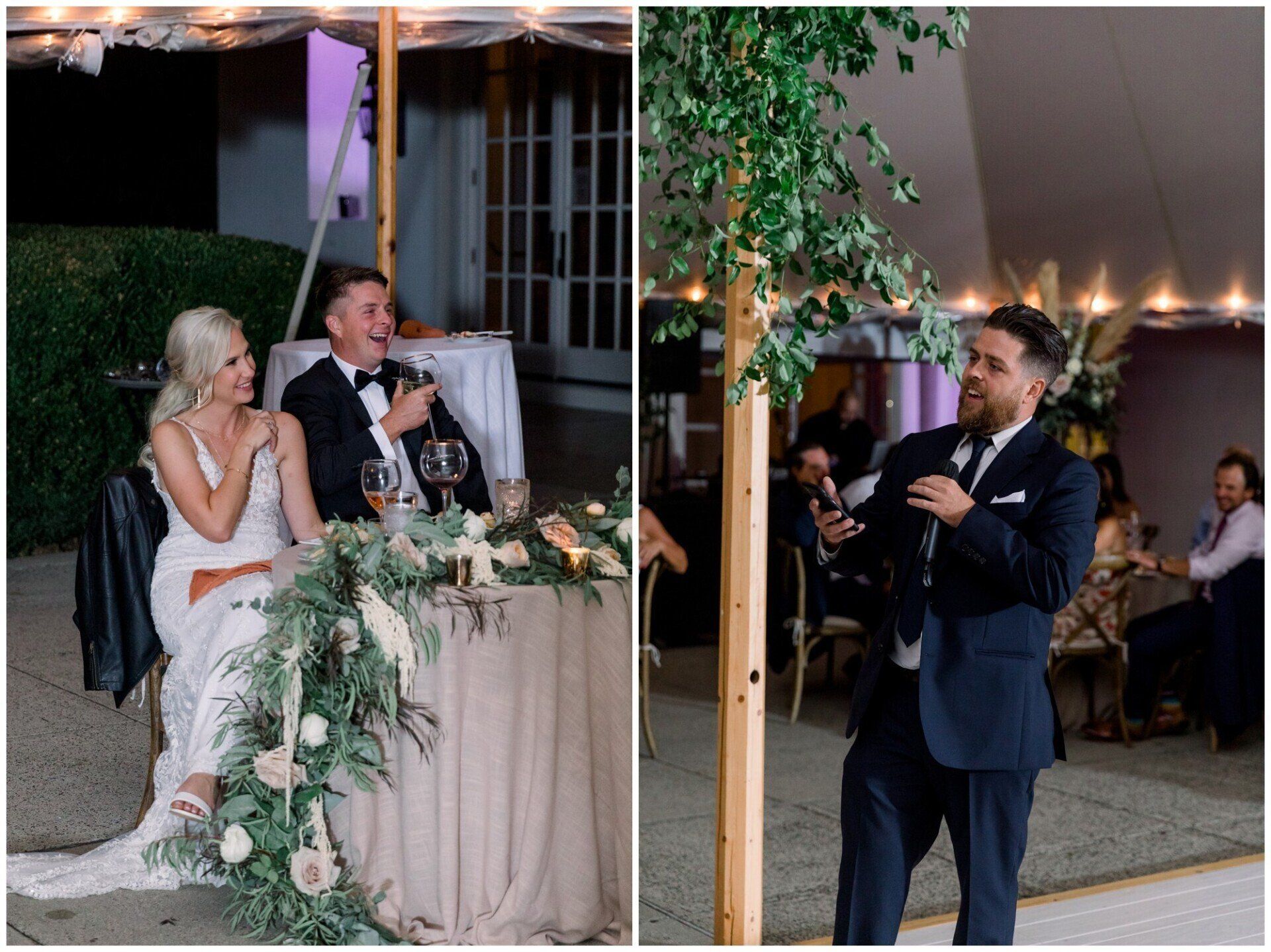 Wedding reception with bride and groom at decorated table; speaker addressing guests under tent lights