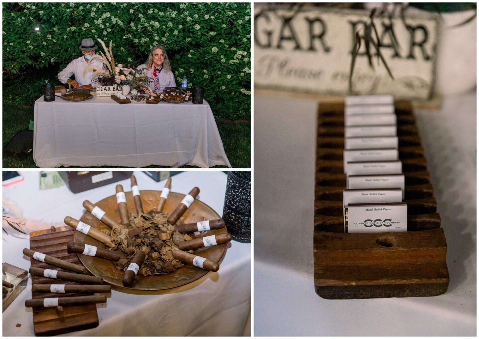 Rustic dessert table with a floral display and rows of packaged treats on wooden trays