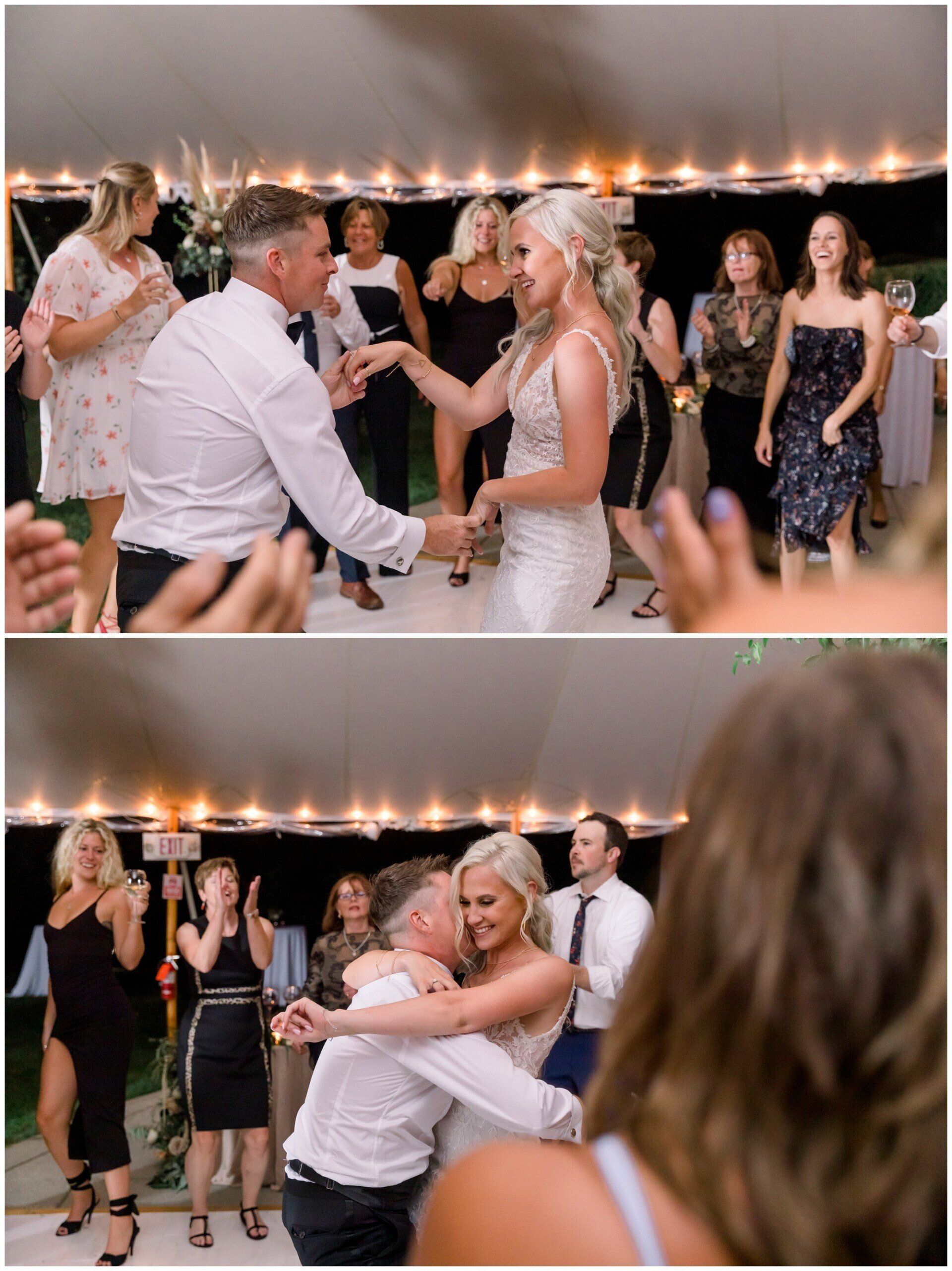 Two dance floor scenes: couples dancing at a lively indoor celebration under warm lights.