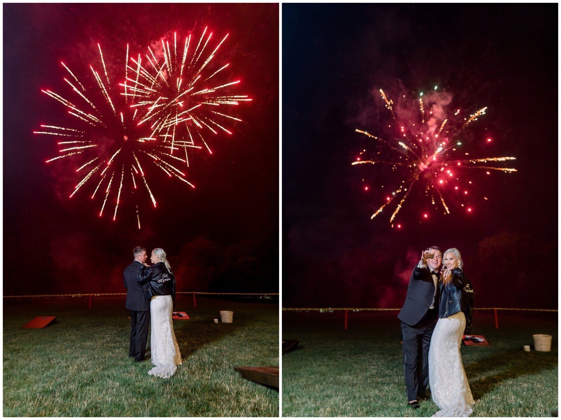 Couple posing outdoors under red fireworks at night