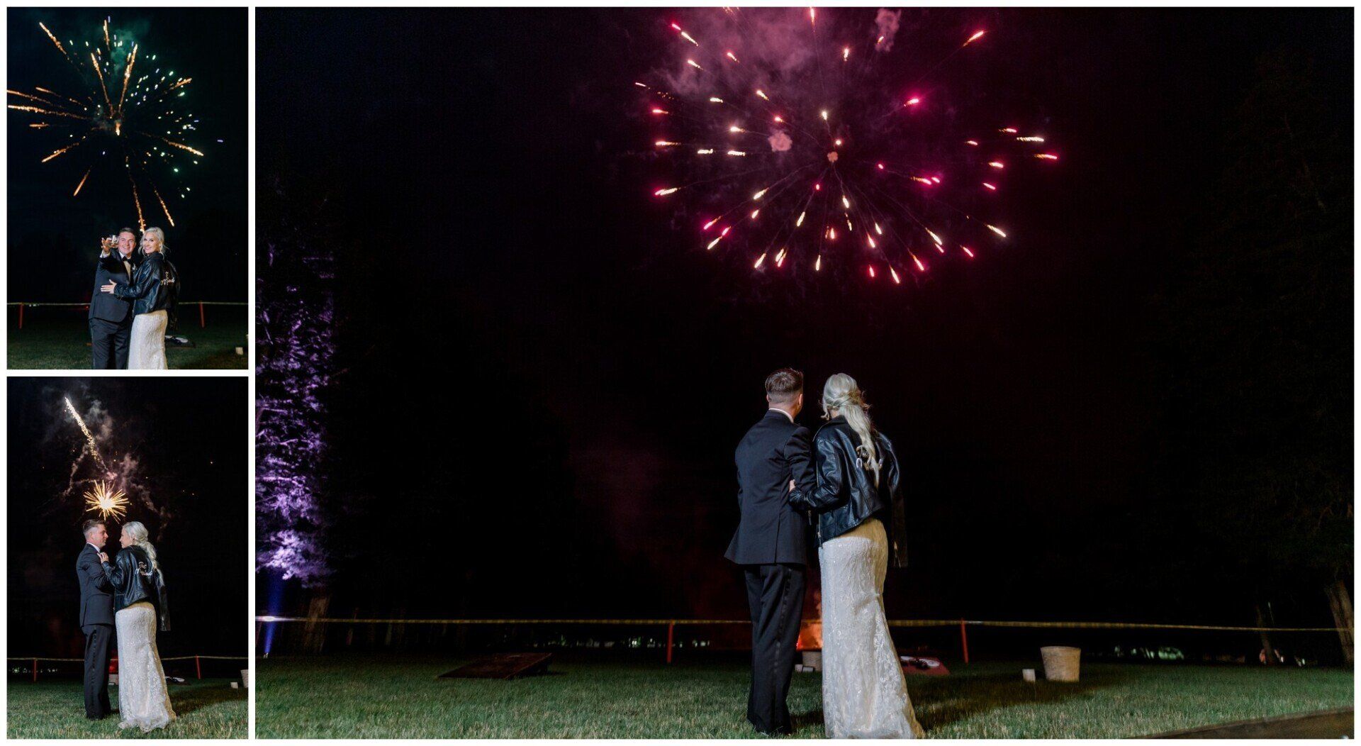 Couple standing on grass under pink fireworks at night, with small firework photos inset on the left