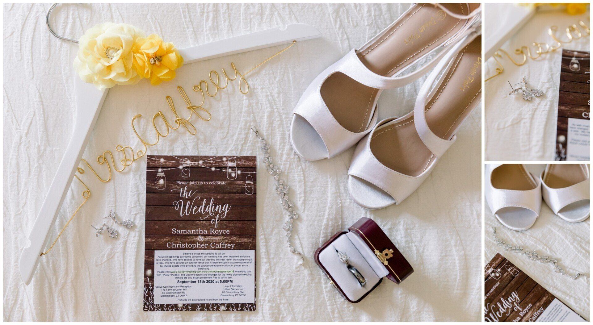 Bridal accessories flat lay with white heels, wedding invitation, jewelry, and lace details on a white background