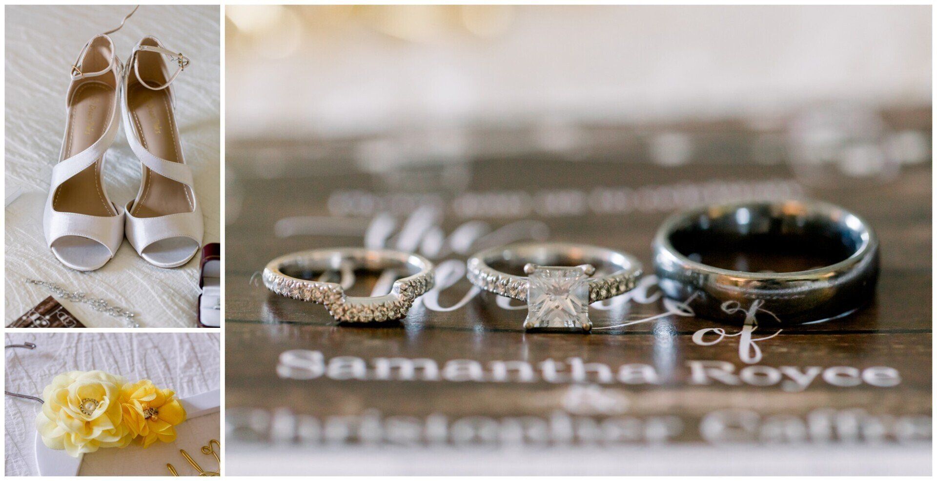 White bridal heels, diamond rings, and yellow flowers arranged on a neutral background.