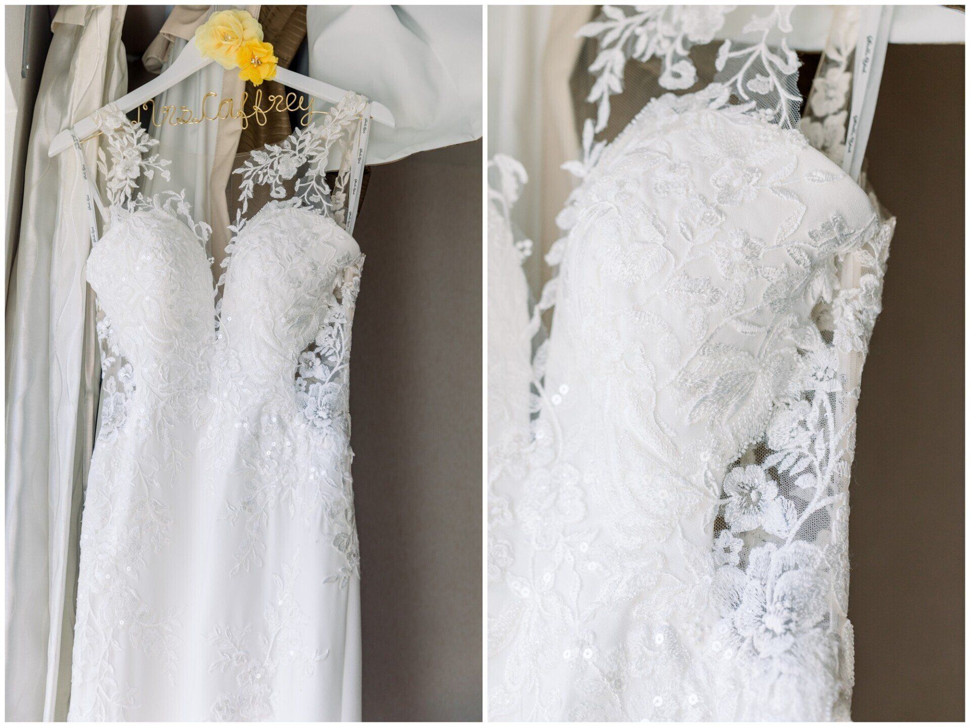 Two white lace wedding dresses hanging on a rack, one with a strapless beaded bodice and one with long sleeves.