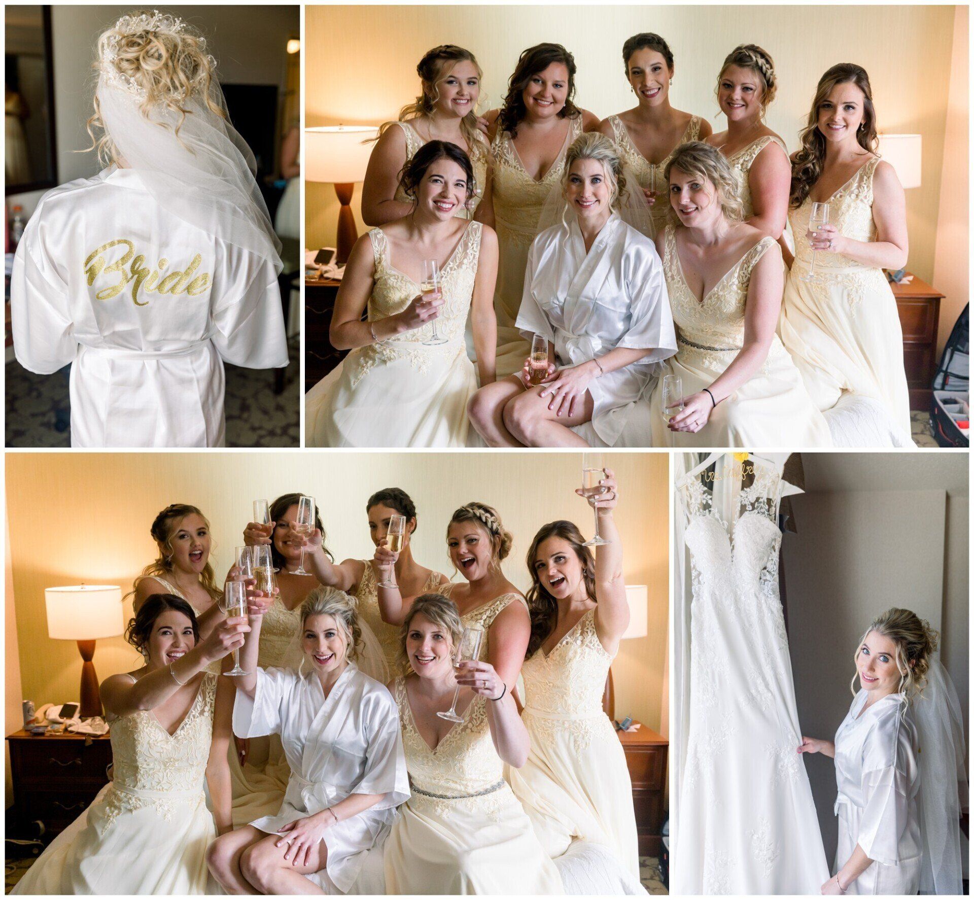 Bridal party in white robes poses for wedding photos in a hotel room, with bride's dress hanging nearby.