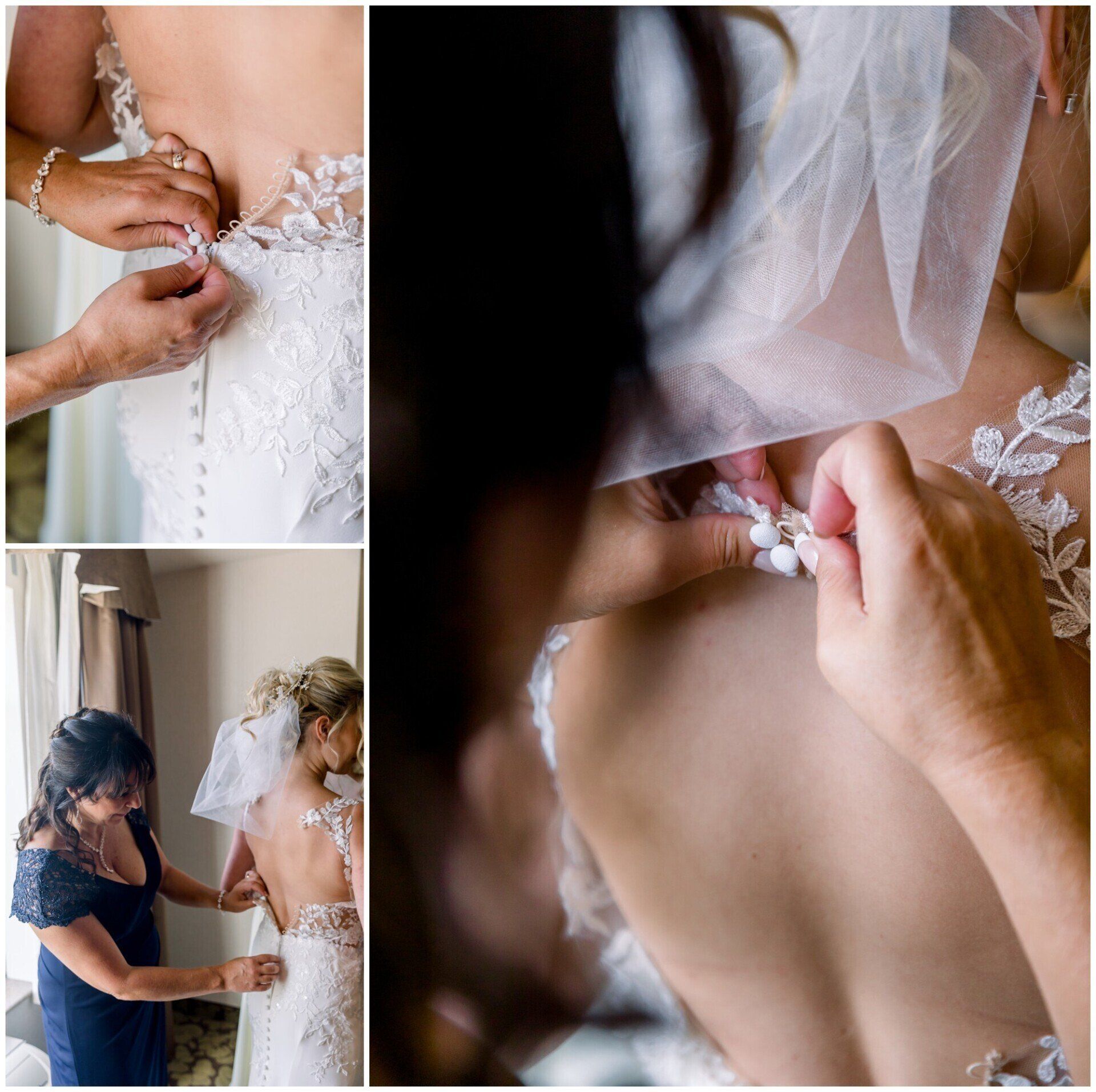 Bridesmaid fastening the back of a white wedding dress during bridal preparation collage